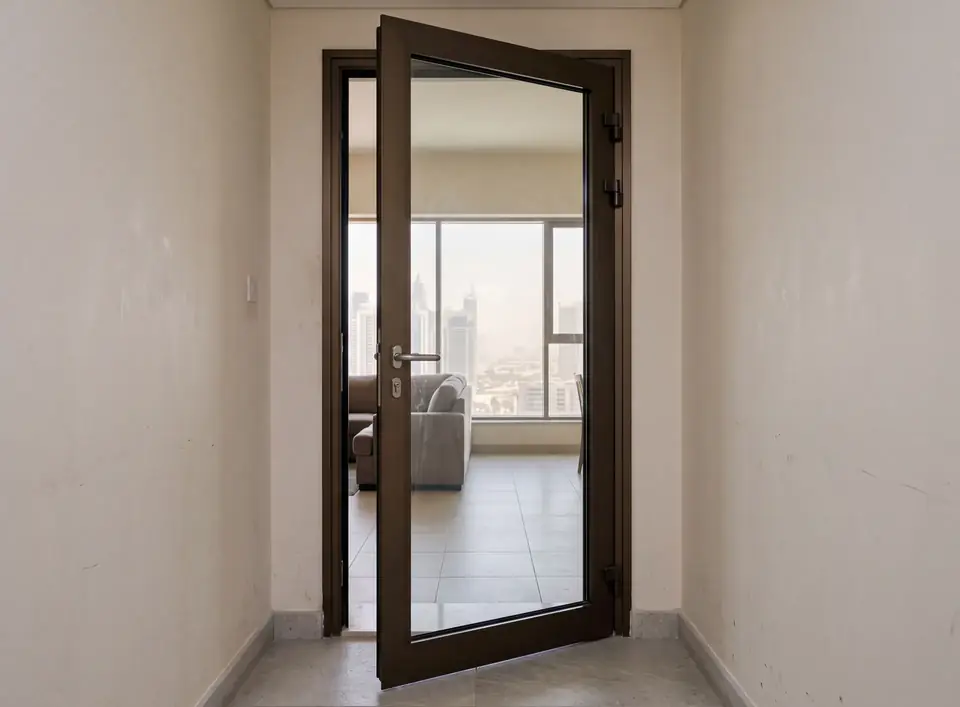 Aluminium hinged door with a full-height glazed panel standing ajar in an Emirates apartment, perimeter gasket visible in the frame rebate