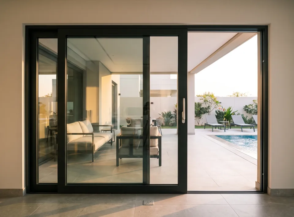 Aluminium lift-and-slide door slid open onto a villa pool terrace, lever handle up