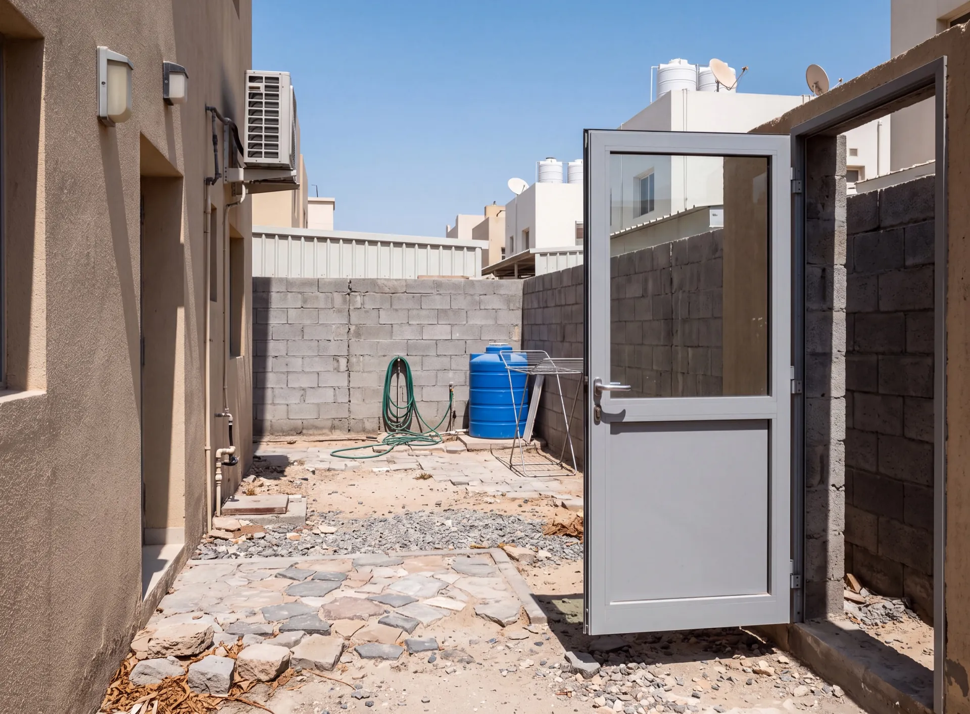 Plain grey aluminium door with a glazed upper panel standing open onto a villa service yard in Dubai, bare block wall and stone paving in hard midday sun