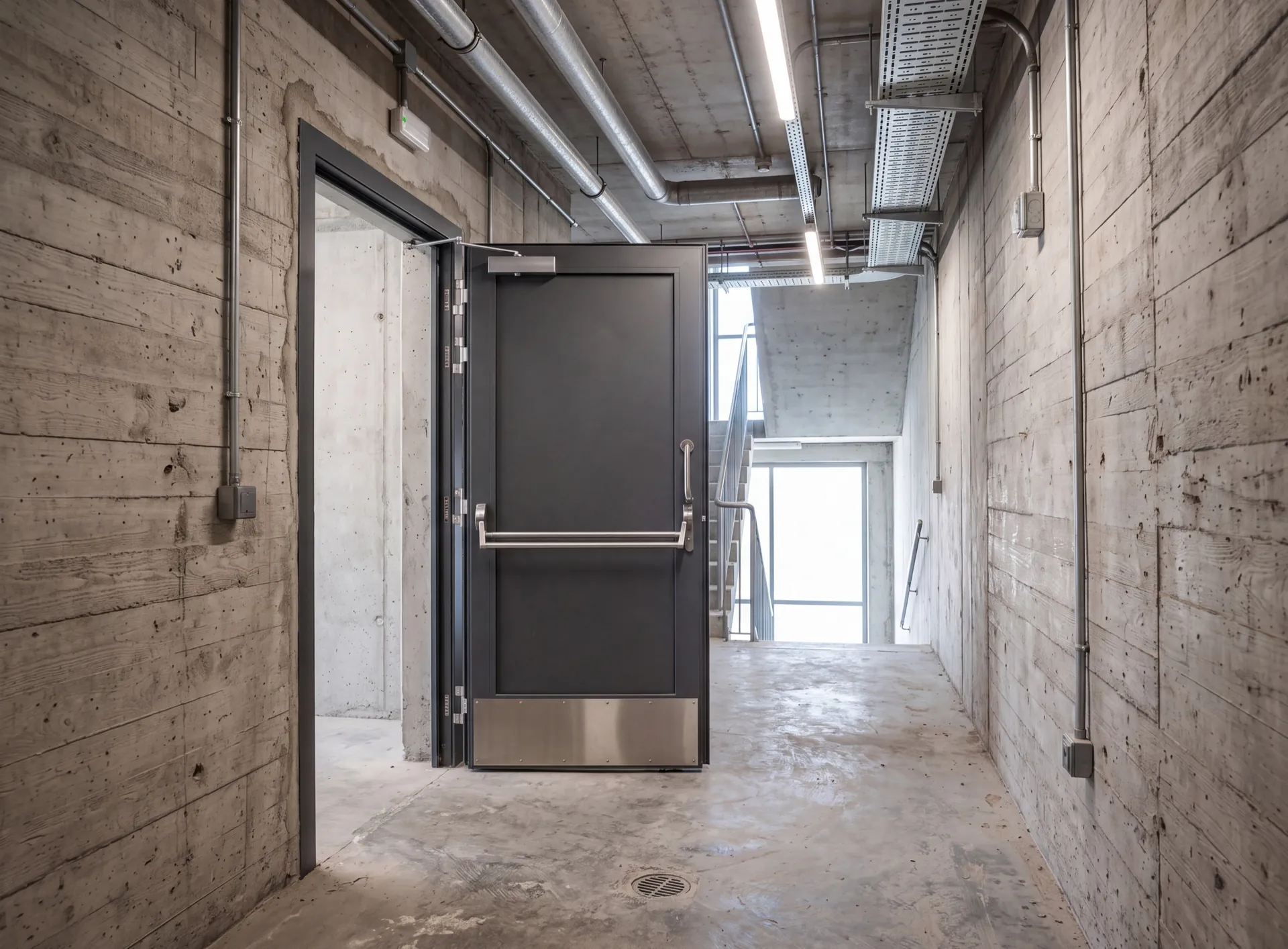 Aluminium emergency exit door with a stainless push bar in a concrete service corridor