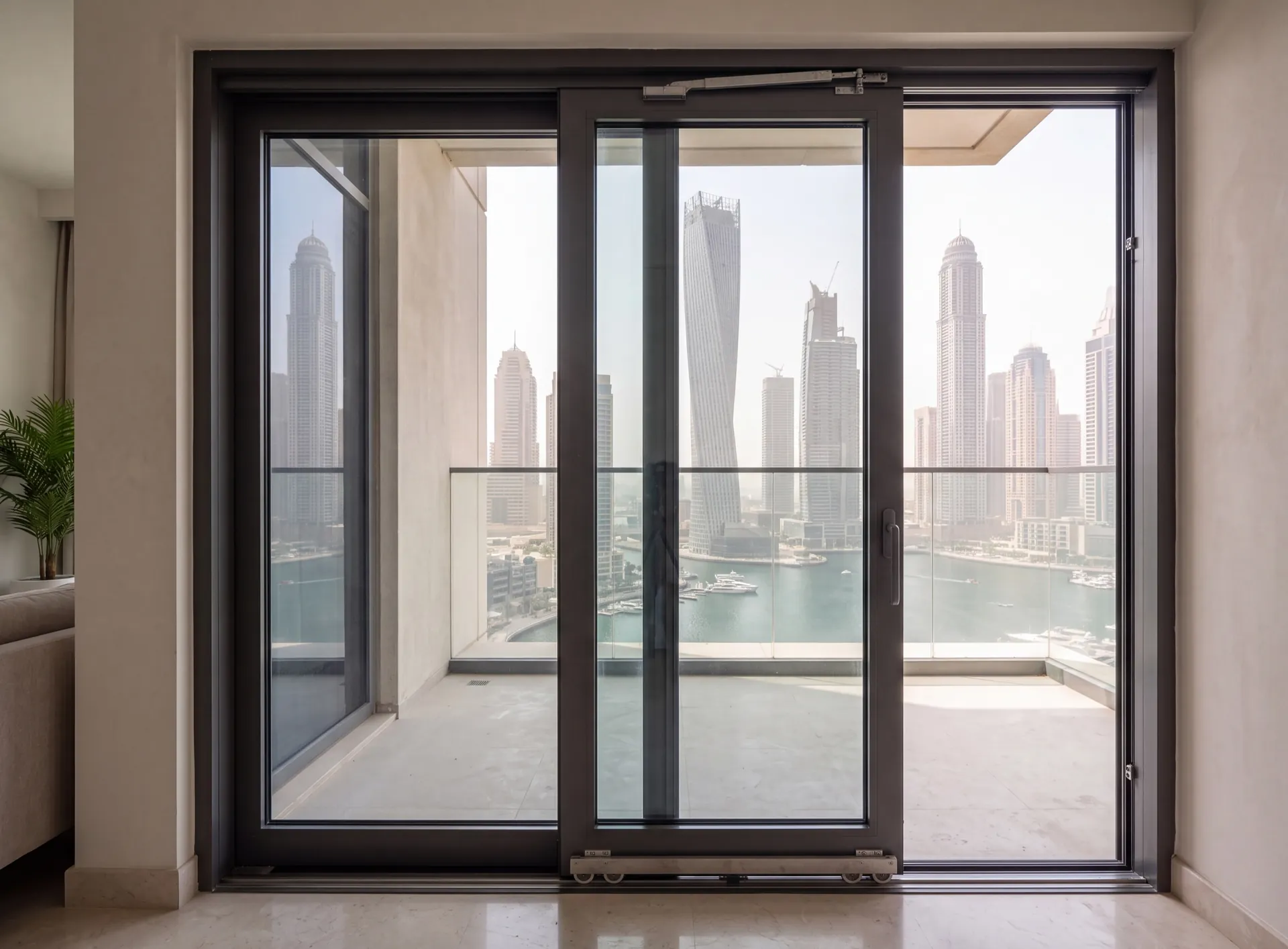 Aluminium parallel slide door in a Dubai apartment with the leaf standing clear of the frame on its gear, part way along the track onto a balcony