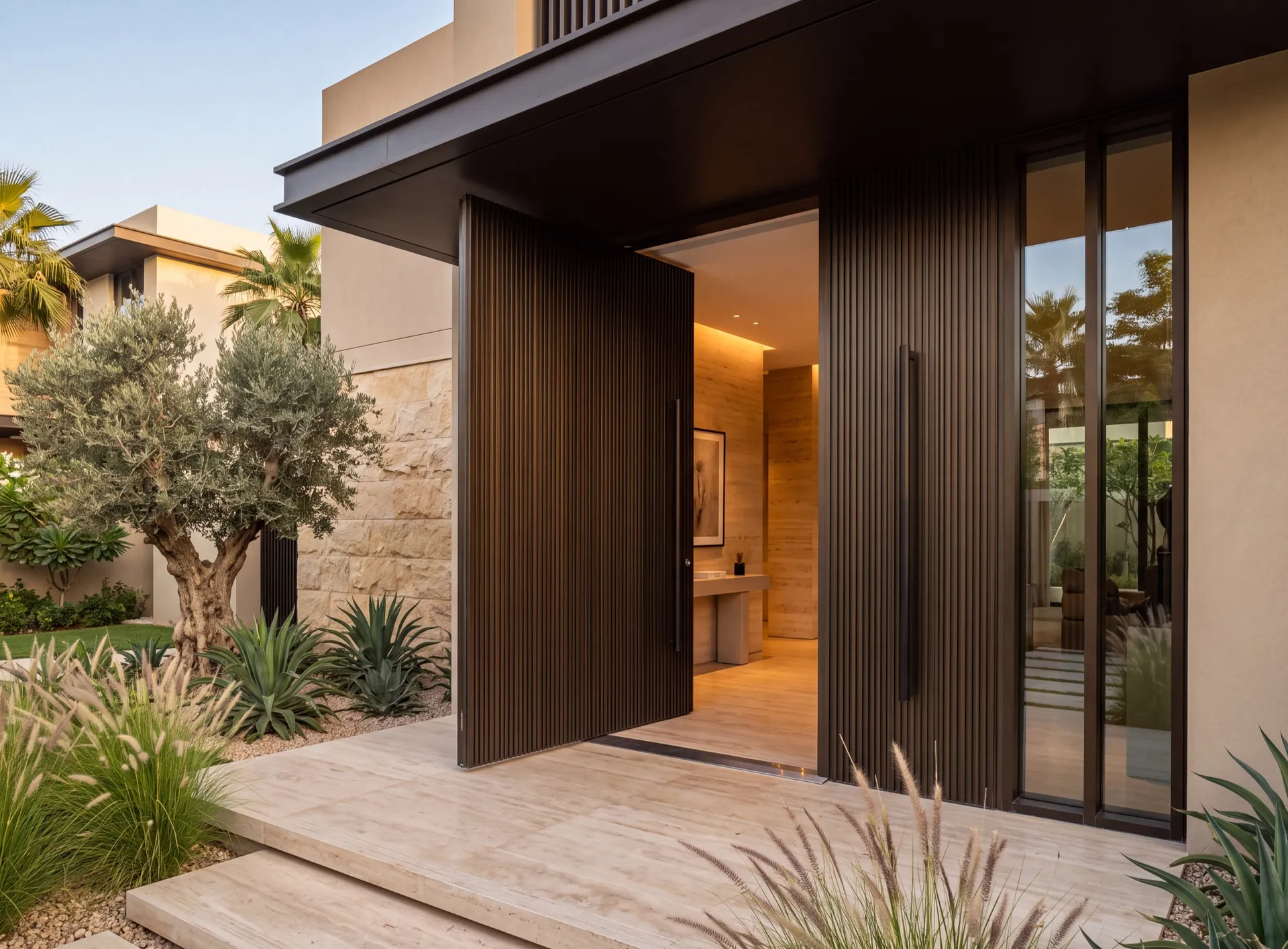 Oversized fluted aluminium pivot entrance door half open on a Dubai villa, floor pivot plate flush in travertine paving