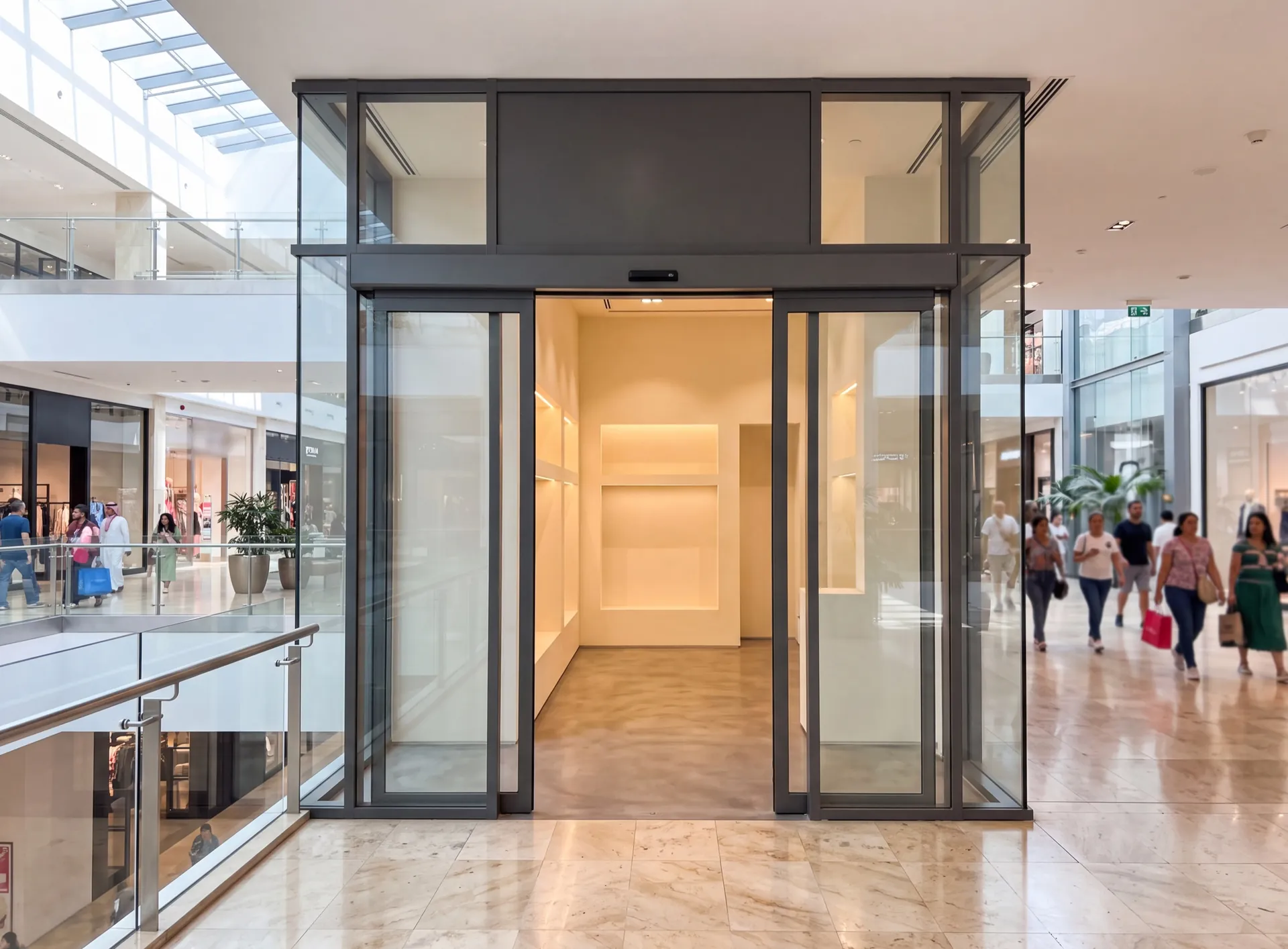 Automatic sliding aluminium entrance doors of a retail unit in a Dubai mall, full-height glass in slim dark frames