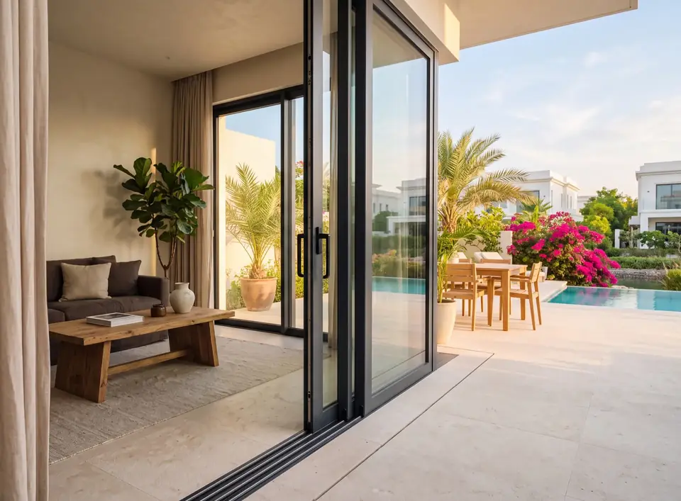 Aluminium sliding door with slim charcoal frames open from a Dubai villa onto a stone terrace, one leaf parked behind the other