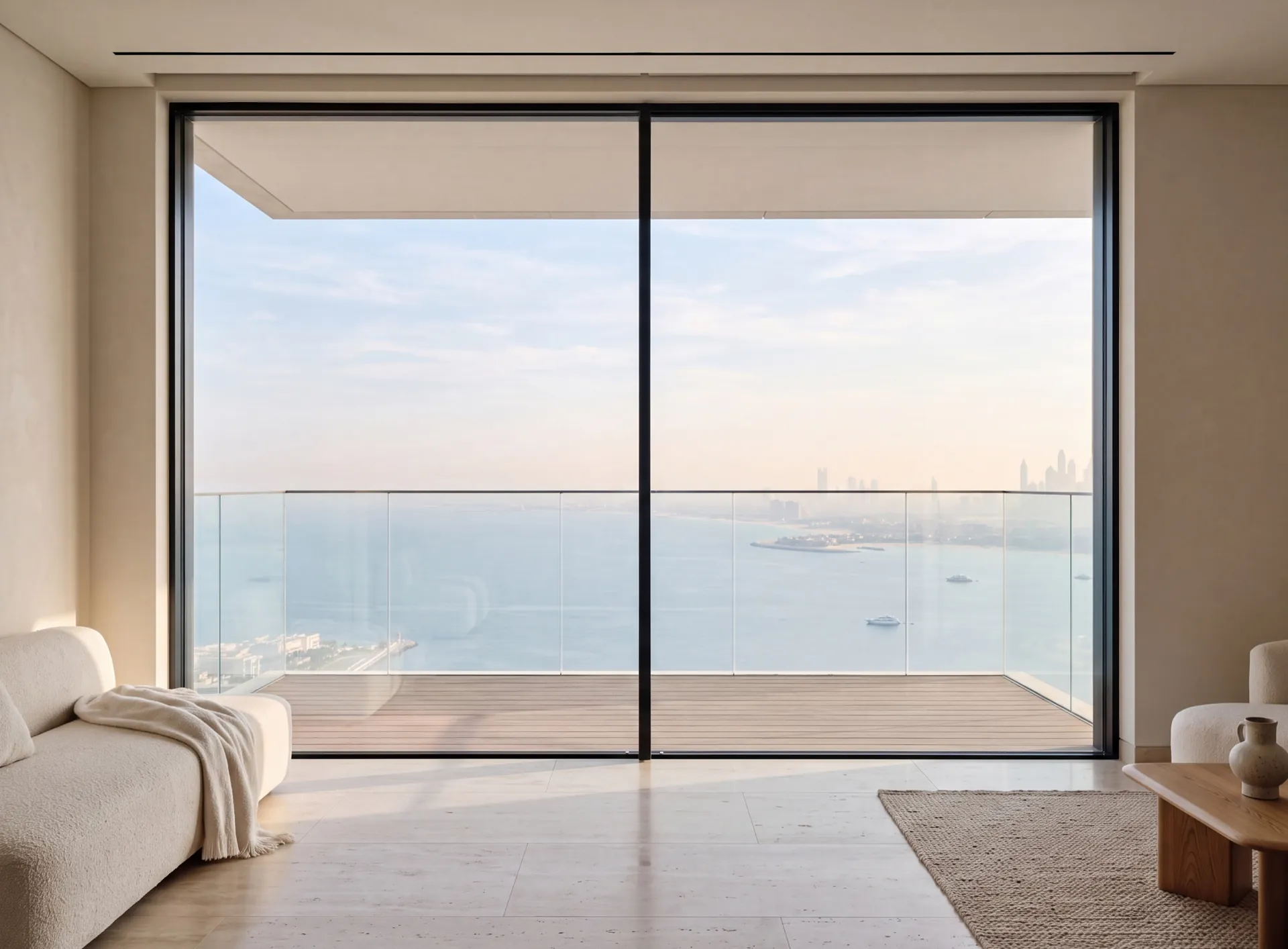 Slim-framed aluminium sliding door in a Dubai apartment, black frame buried in ceiling and floor so only a narrow vertical interlock crosses the sea view