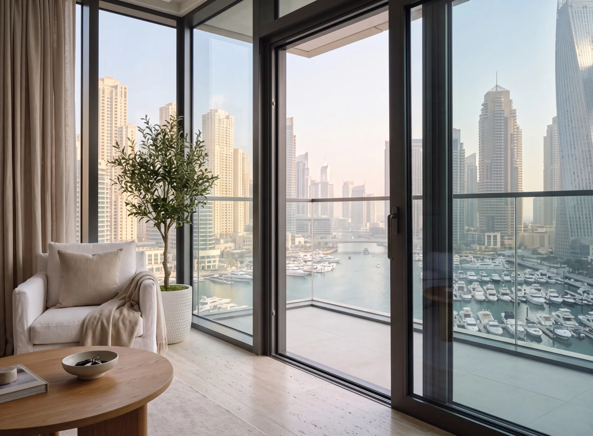 Balcony sliding doors of a high-floor Dubai Marina apartment with slim dark frames, marina towers and moored yachts beyond