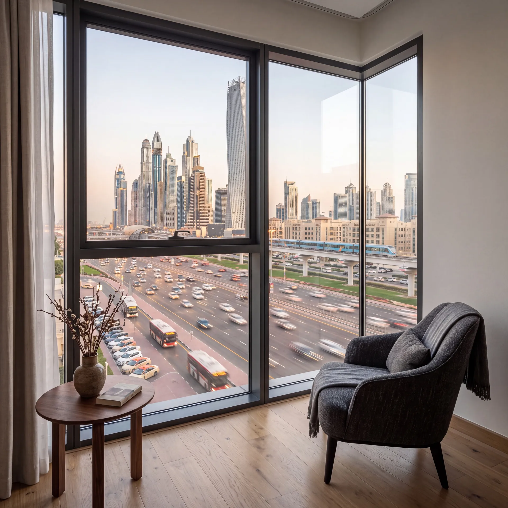 View from a quiet apartment over a busy Dubai motorway through a large window