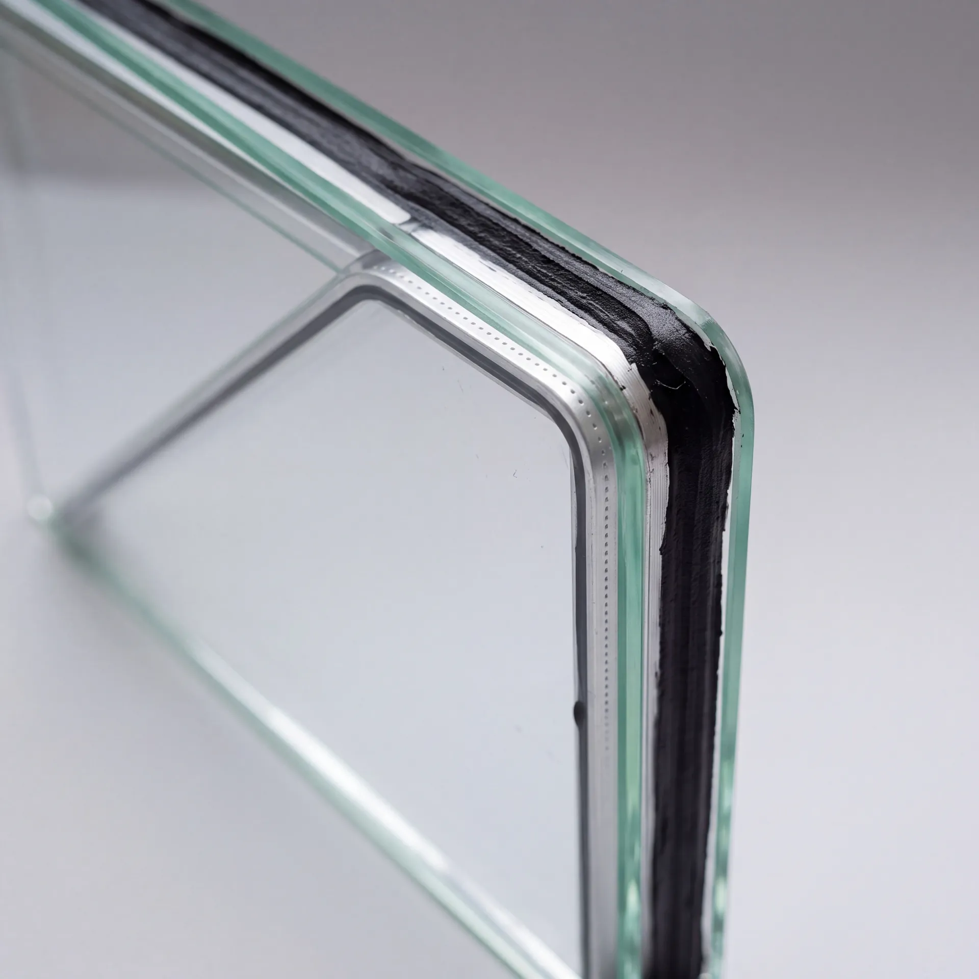 Corner of a double glazed unit showing the spacer bar between two panes