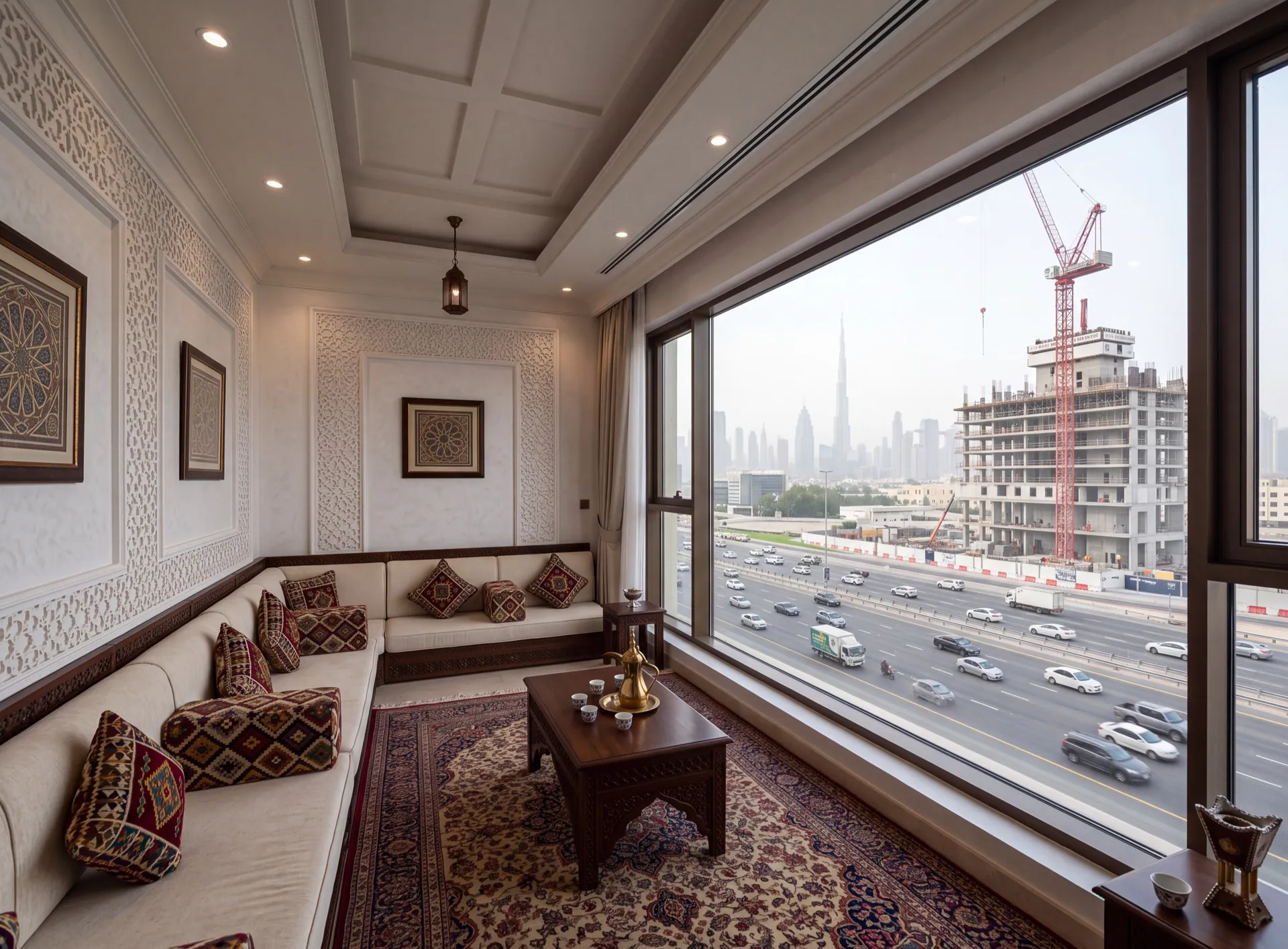Quiet majlis inside a Dubai villa with a wide aluminium framed window looking onto a construction site and a busy road