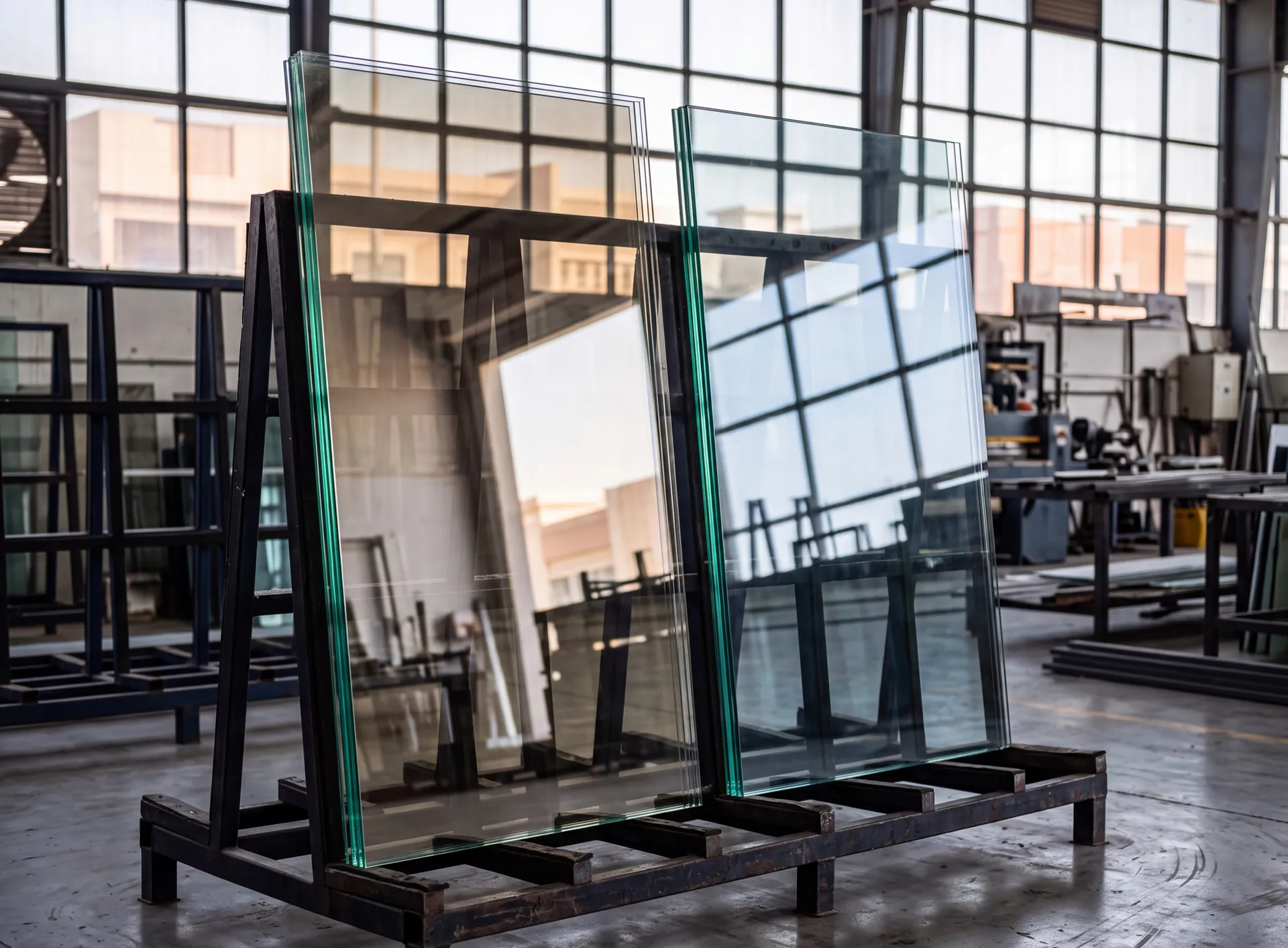 Two large glass panes on a workshop rack, one carrying a low-emissivity coating that reads as a faint warm bloom beside the uncoated pane