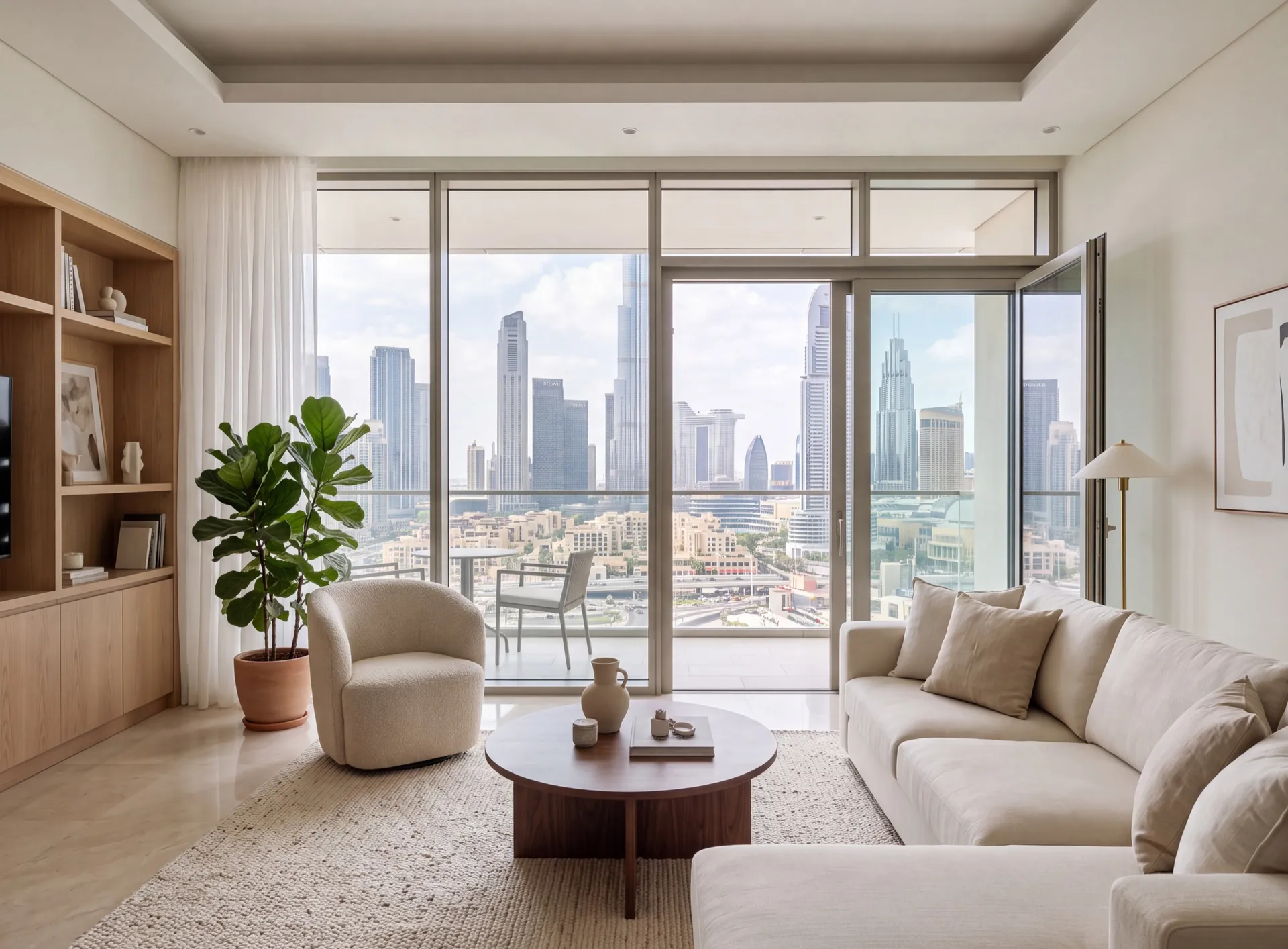 Bright neutral living room in a Dubai apartment behind a full-height aluminium glazed wall with the city skyline in natural colour beyond