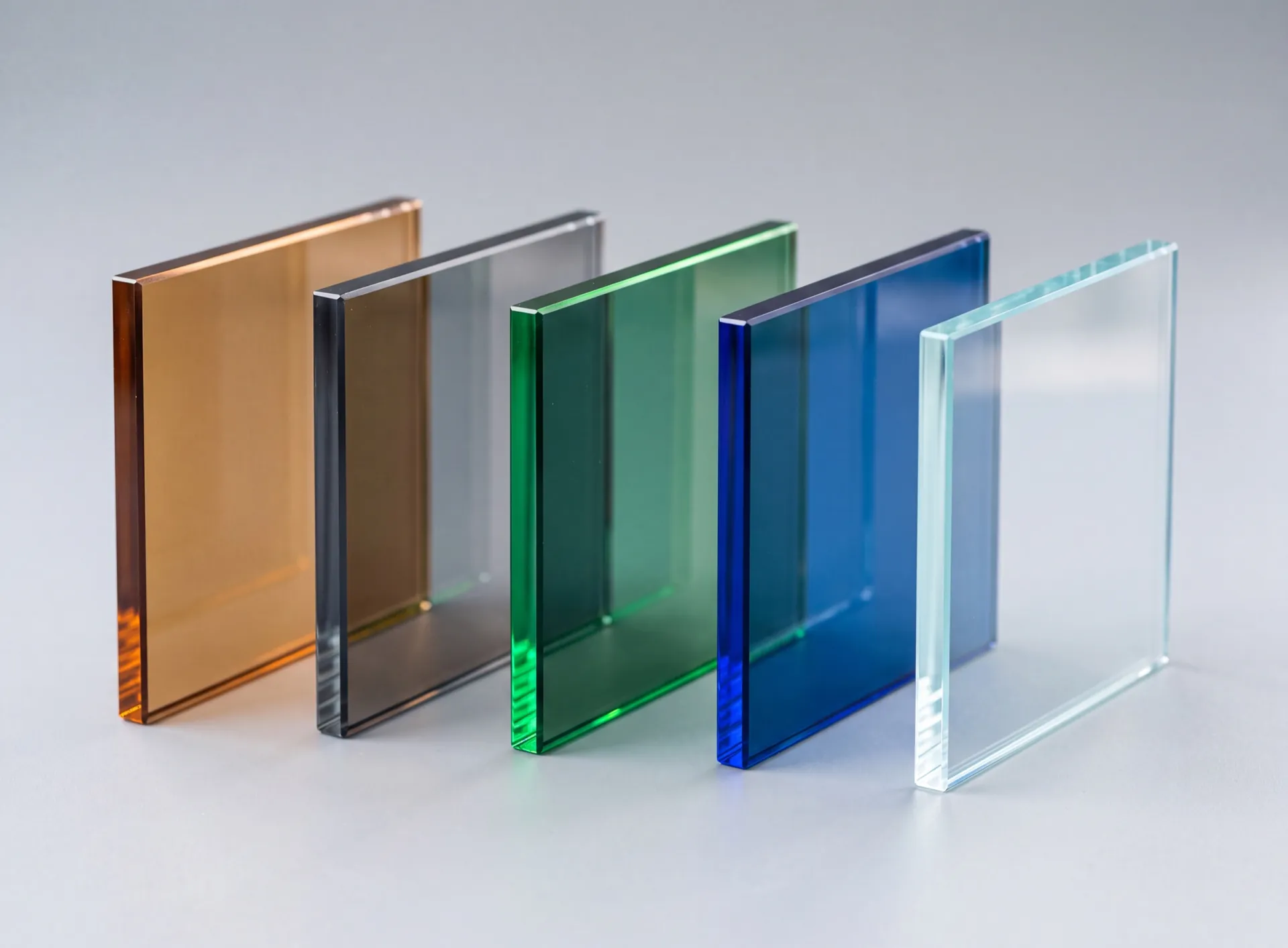 Five float glass samples standing in a row, body tinted in bronze, grey, green and blue beside one clear sample, colour visible through the polished edges