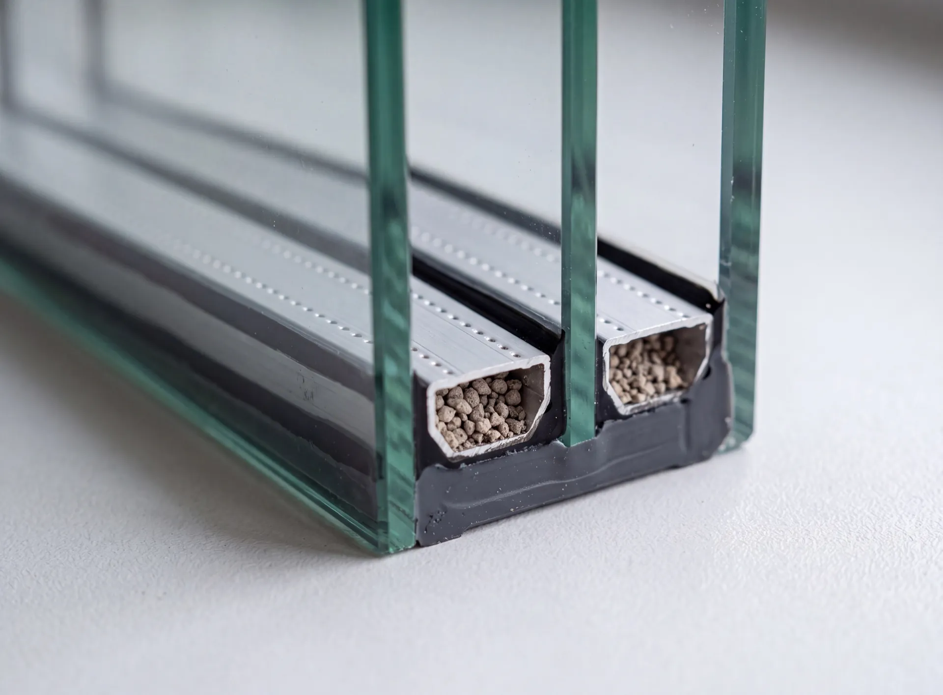 Macro view of the edge of a triple glazed unit showing three panes and two perforated spacer bars in the perimeter seal