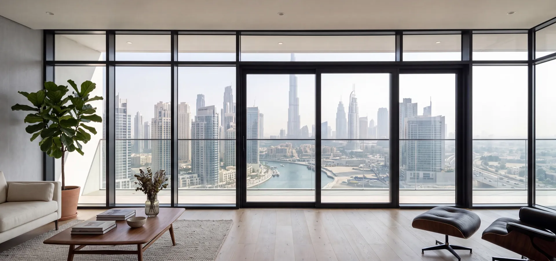 Wall of aluminium framed glazing in a Dubai apartment with the skyline behind the glass