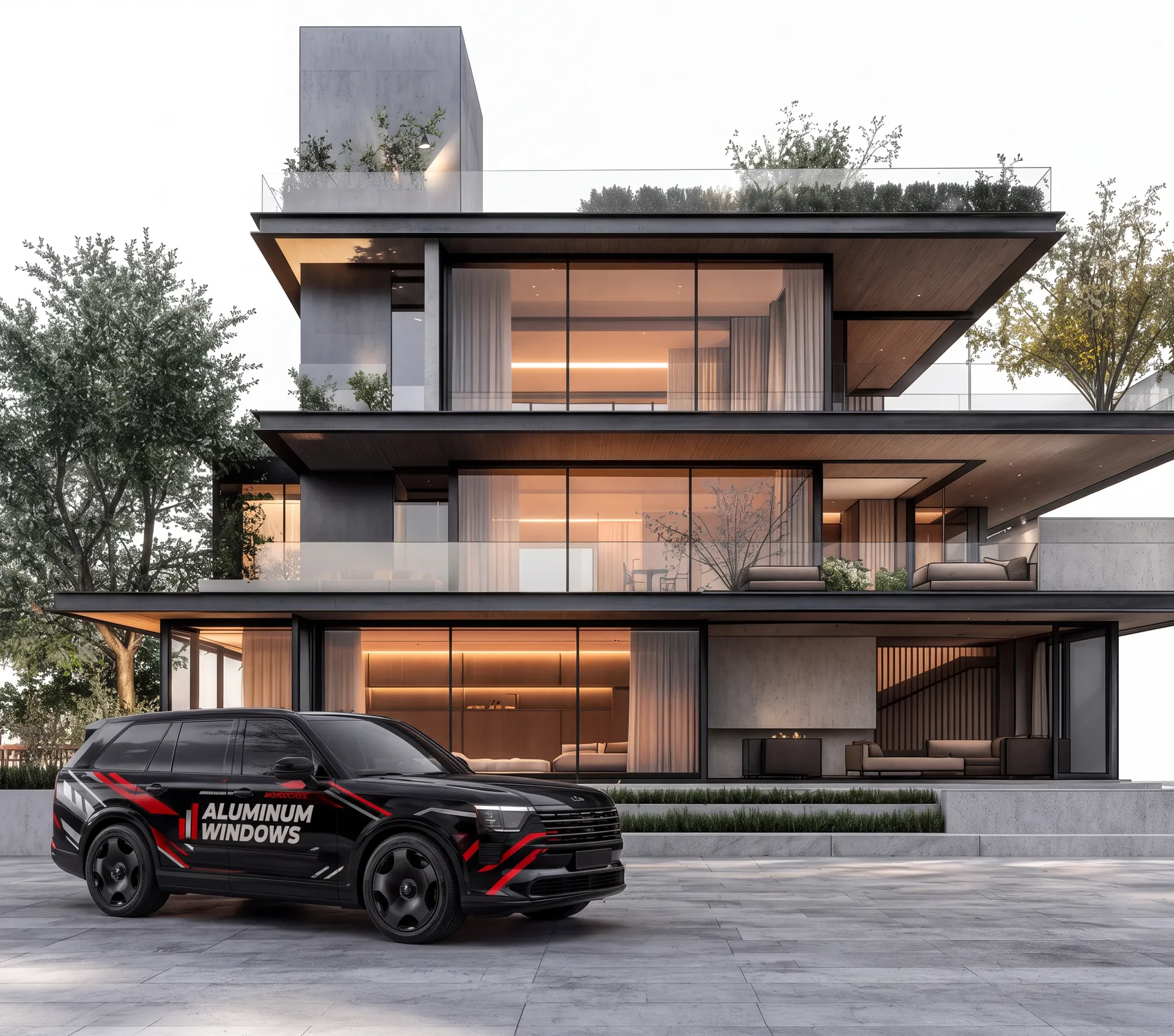 Three-storey villa with panoramic aluminium glazing and a branded Aluminum Windows car in the driveway