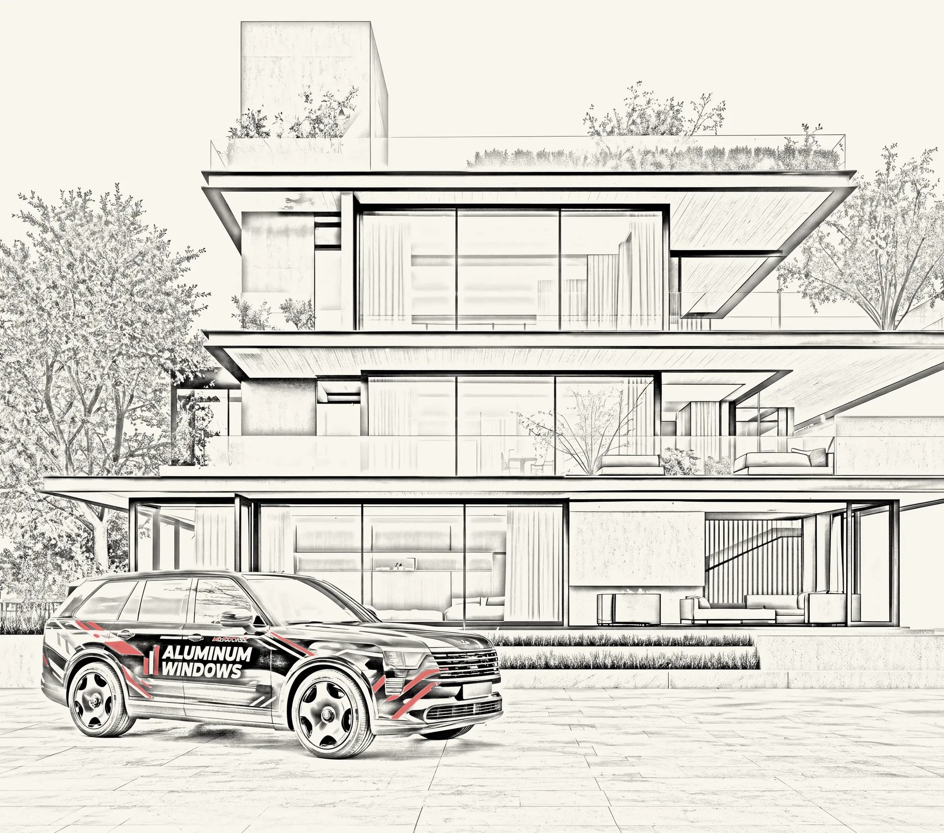 The same villa drawn as a pencil sketch — the design stage of the glazing project