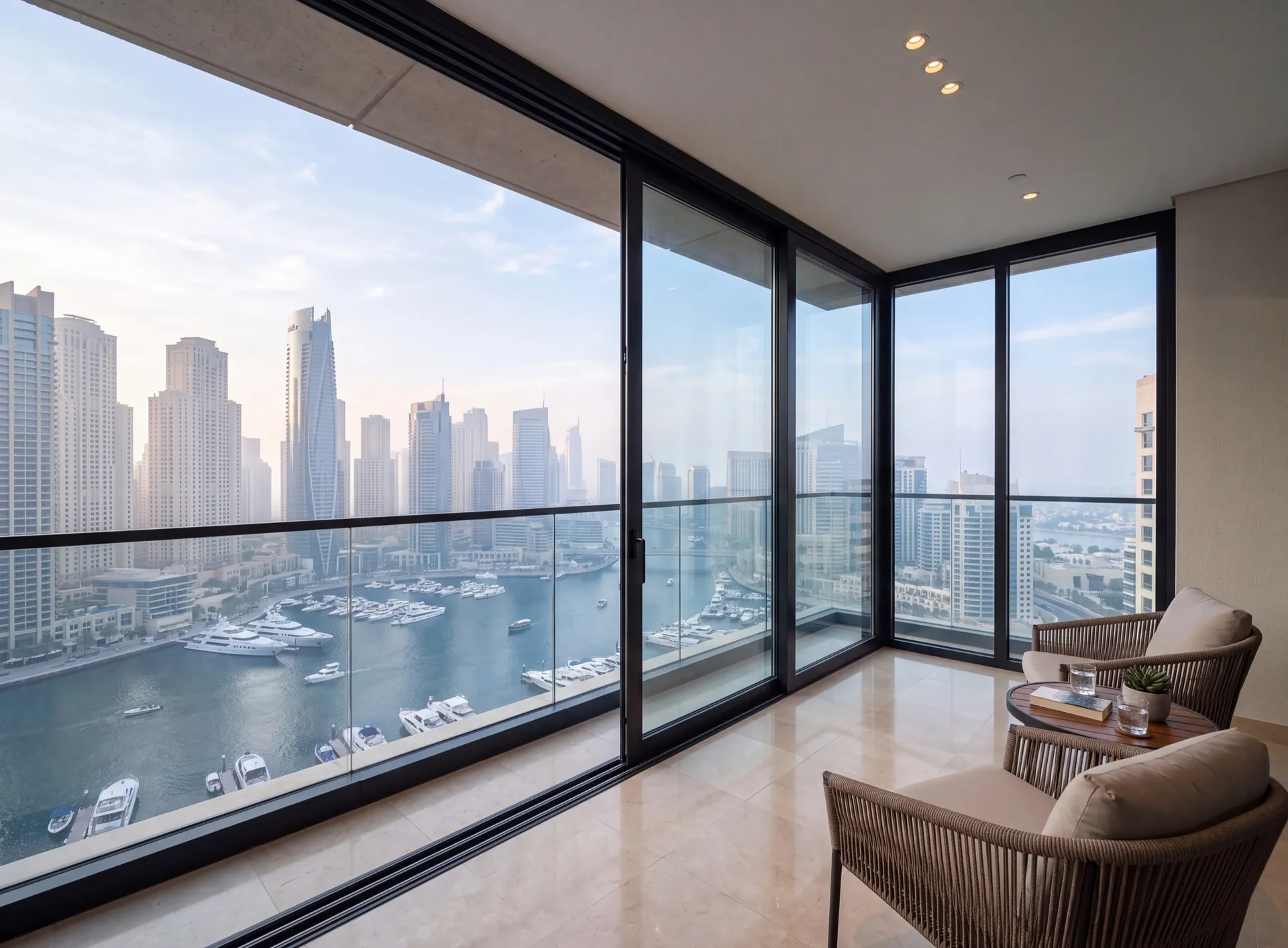 Glazed balcony of a Dubai apartment with slim dark aluminium sliding panels and a city view