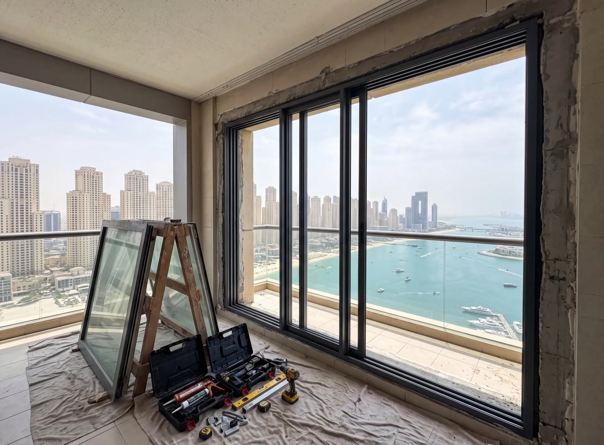 Balcony of a Dubai tower with the developer's original sliding glazing being replaced in the same opening