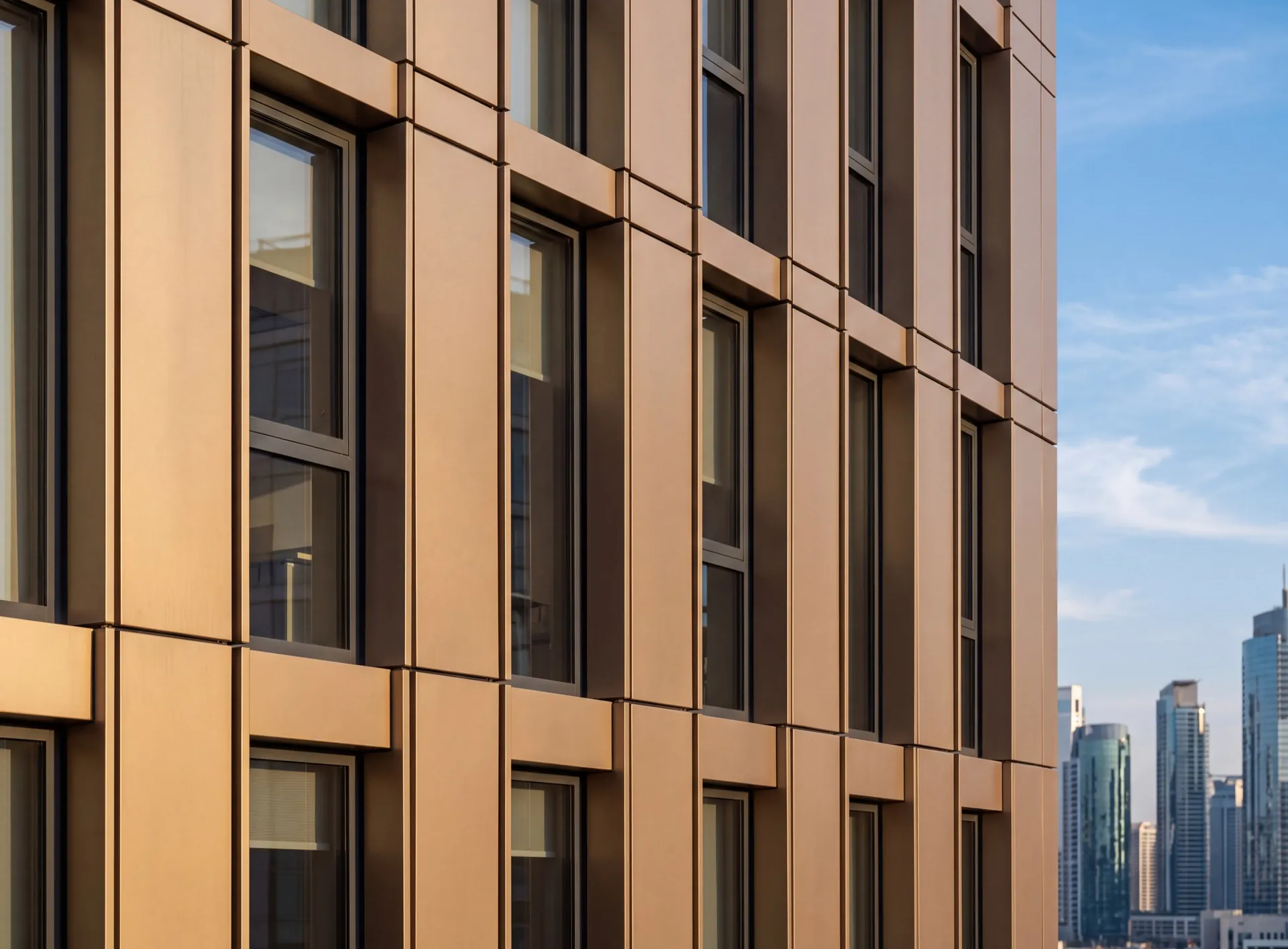 Aluminium cassette cladding panels with open shadow joints on the facade of a modern Dubai building