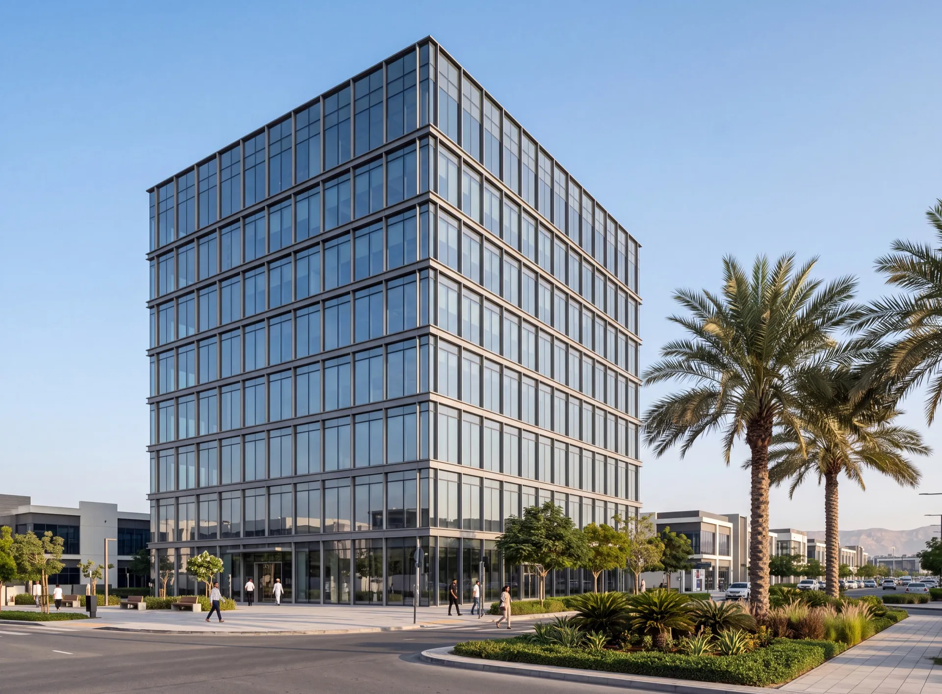 Aluminium curtain wall with slim dark mullions on a mid-rise building