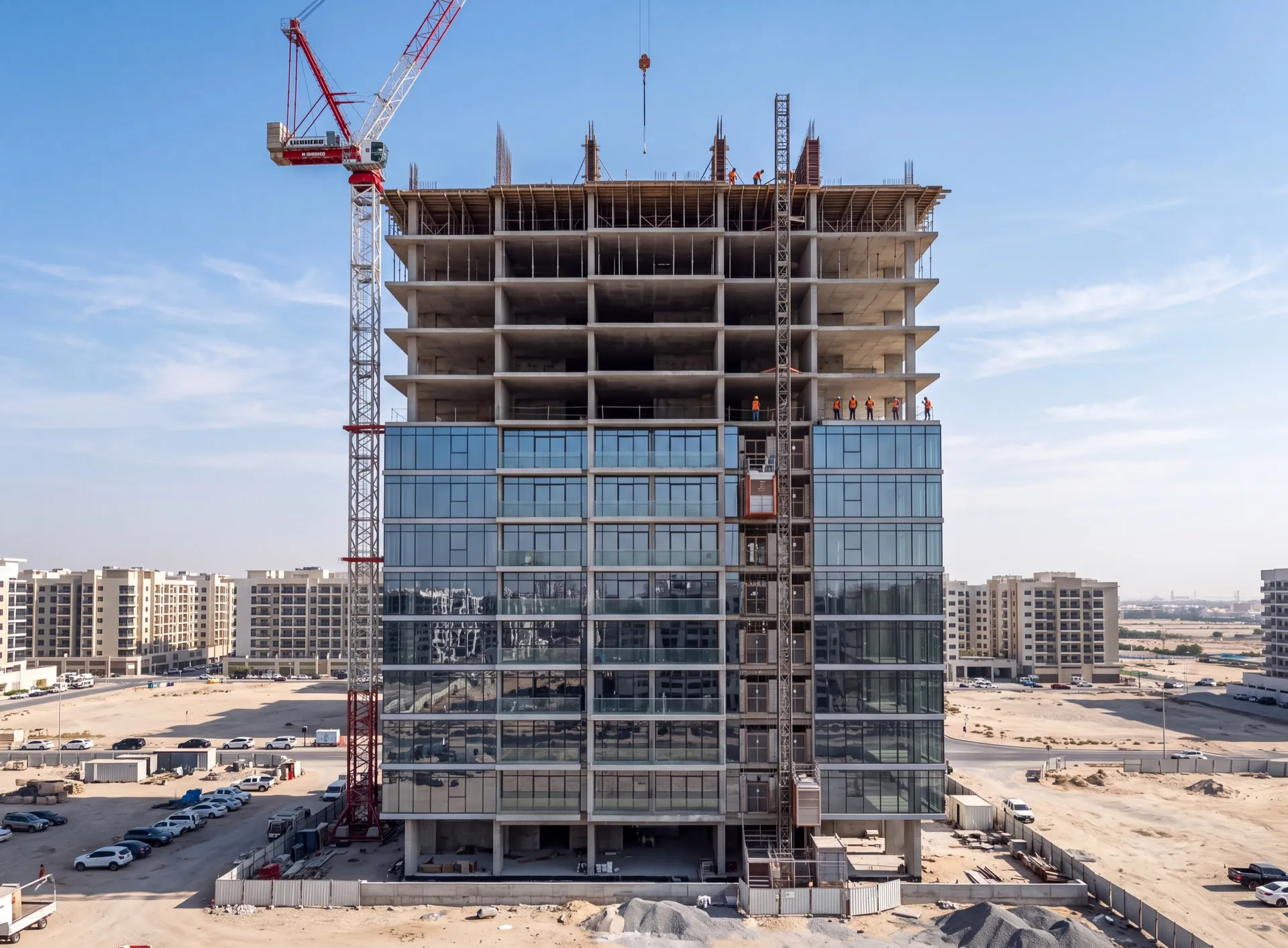 Dubai residential tower under construction with full-height glazing being closed slab to slab, floor by floor