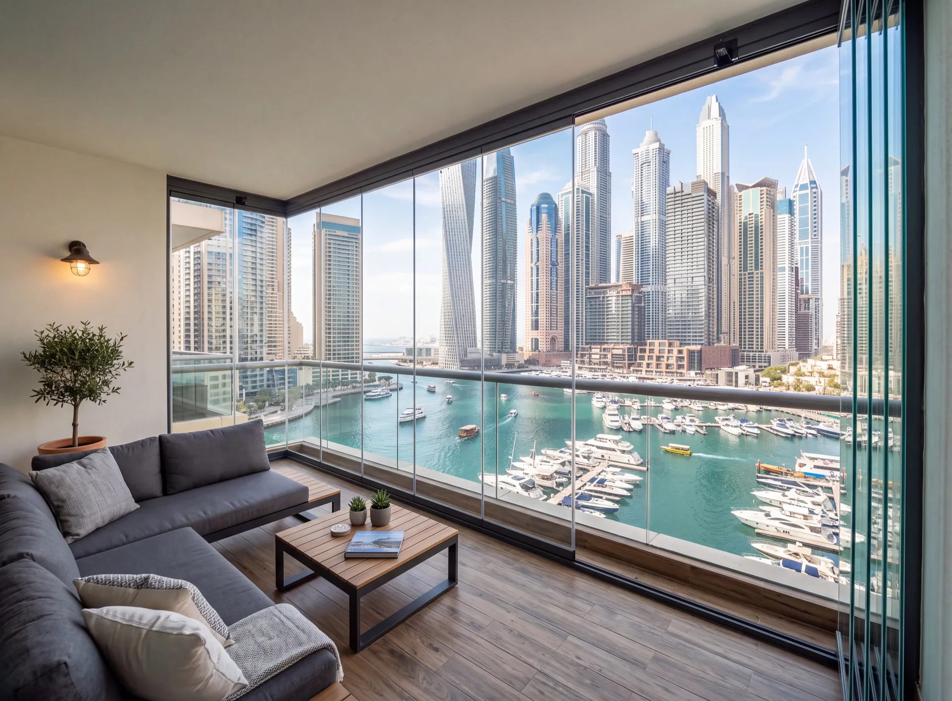 Dubai apartment balcony enclosed with frameless glass panels, several pivoted and stacked flat at one end