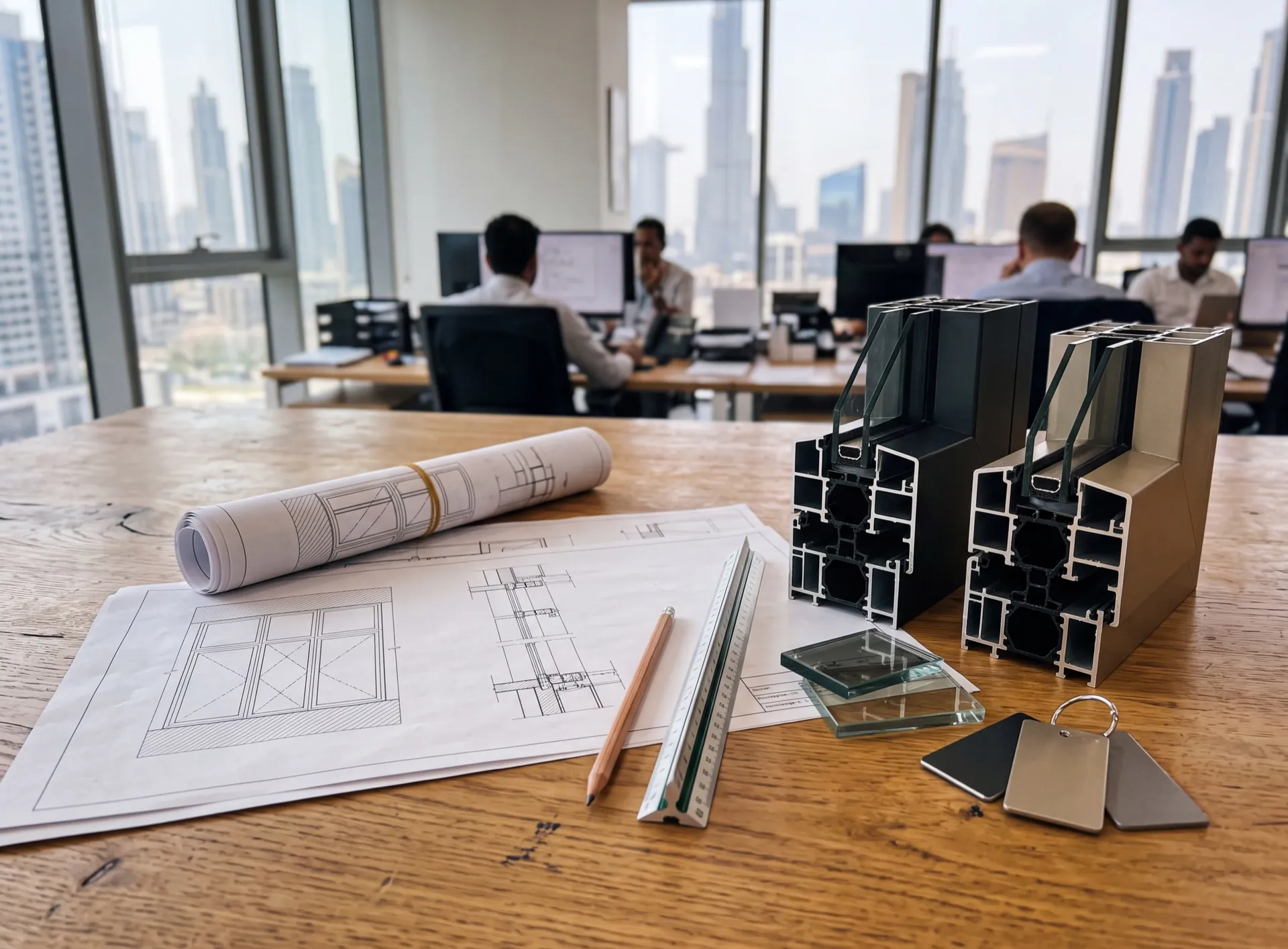 Glazing shop drawings and aluminium profile samples laid out on a desk in a Dubai design office