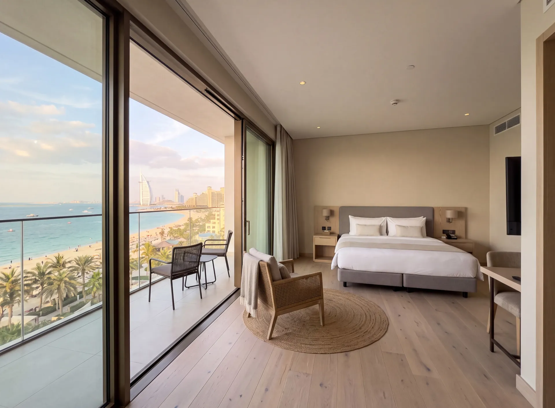 Hotel room in Dubai with new aluminium windows and a balcony overlooking the coast