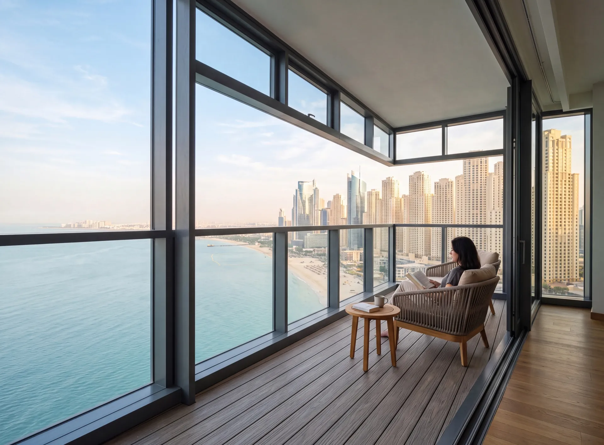 Dubai apartment balcony glazed to panoramic height with the transom set above a seated sightline and the sea beyond