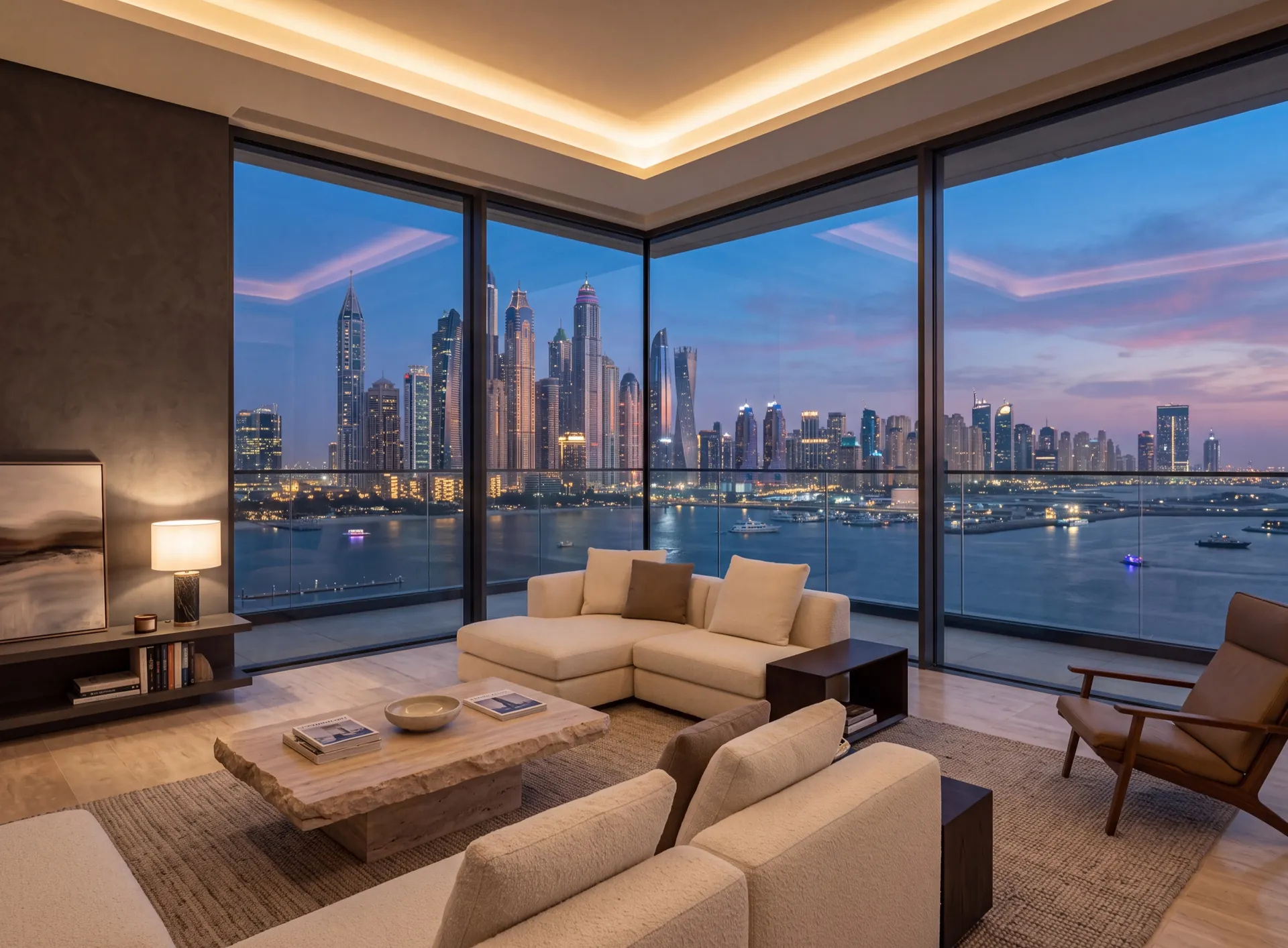 Penthouse living room in Dubai closed by full-height panoramic glazing