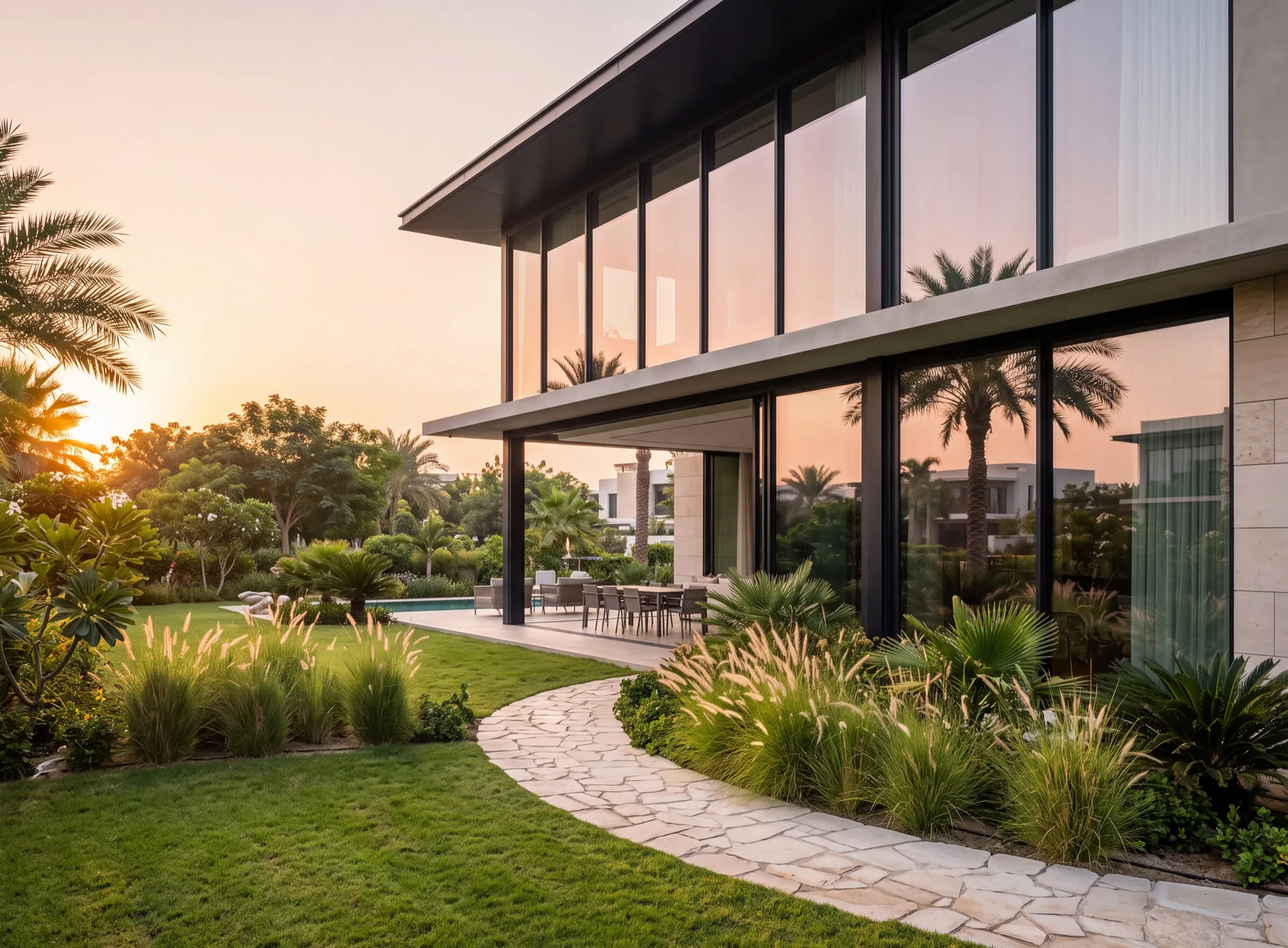 Dubai villa with full-height aluminium glazing to the garden