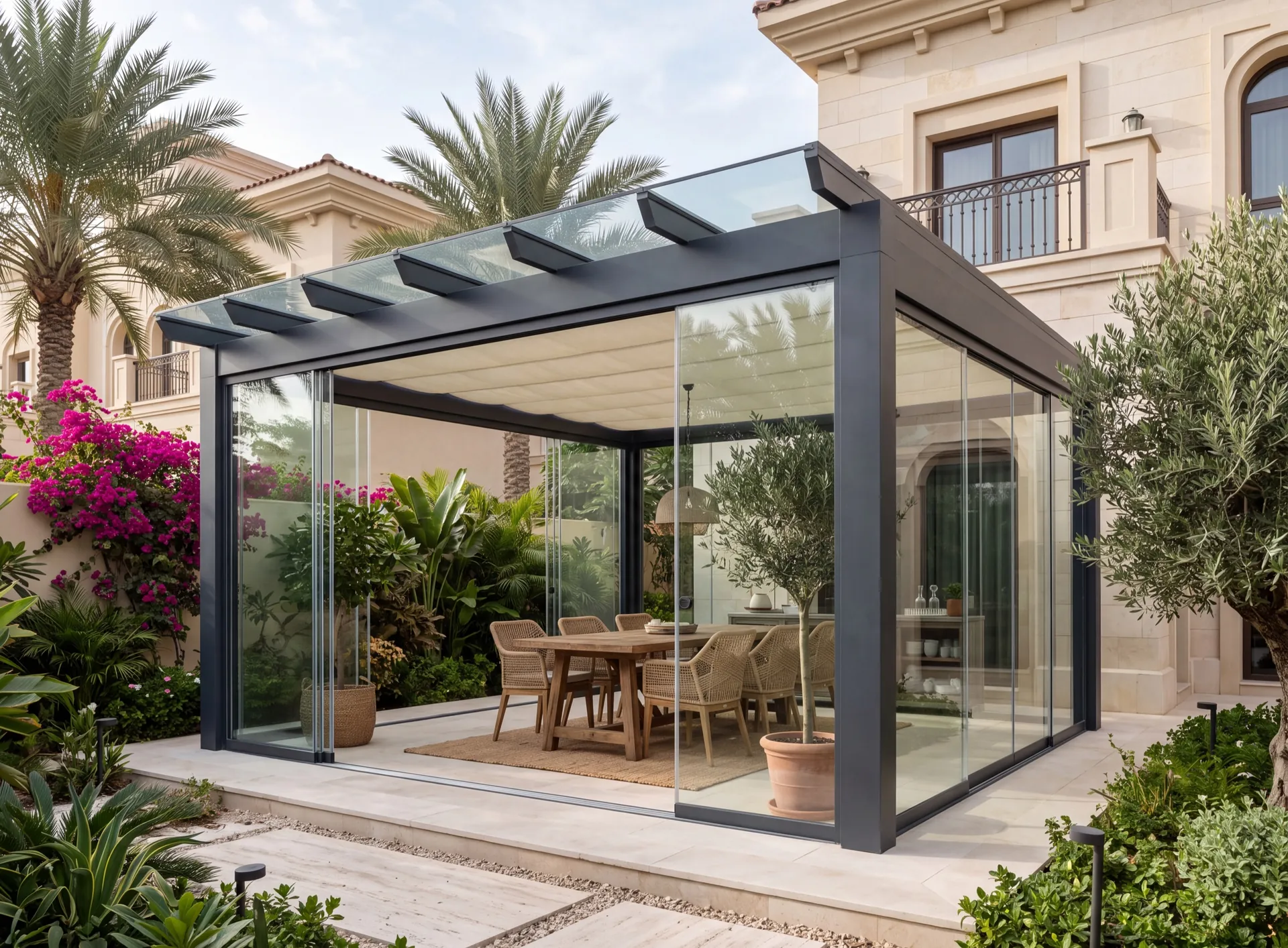 Aluminium pergola in a Dubai garden enclosed with glass sides and a glazed roof