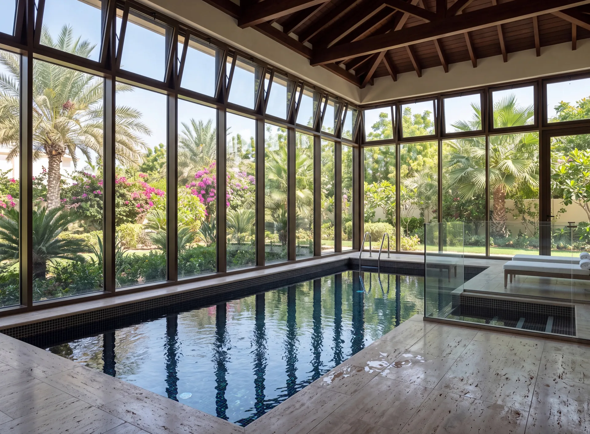 Indoor swimming pool in a UAE villa enclosed by tall aluminium glazing with high-level vents