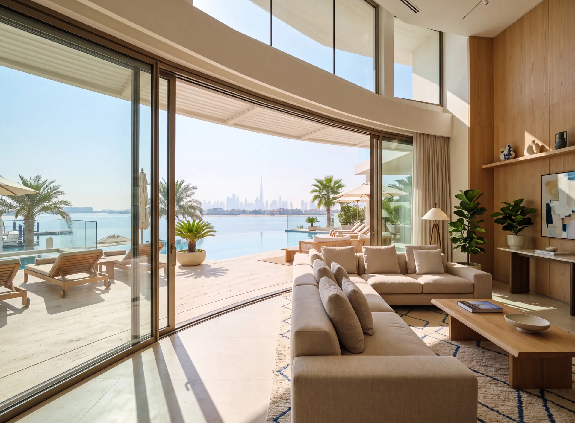 Villa living room in Dubai glazed the full width onto a swimming pool and a sunlit stone deck
