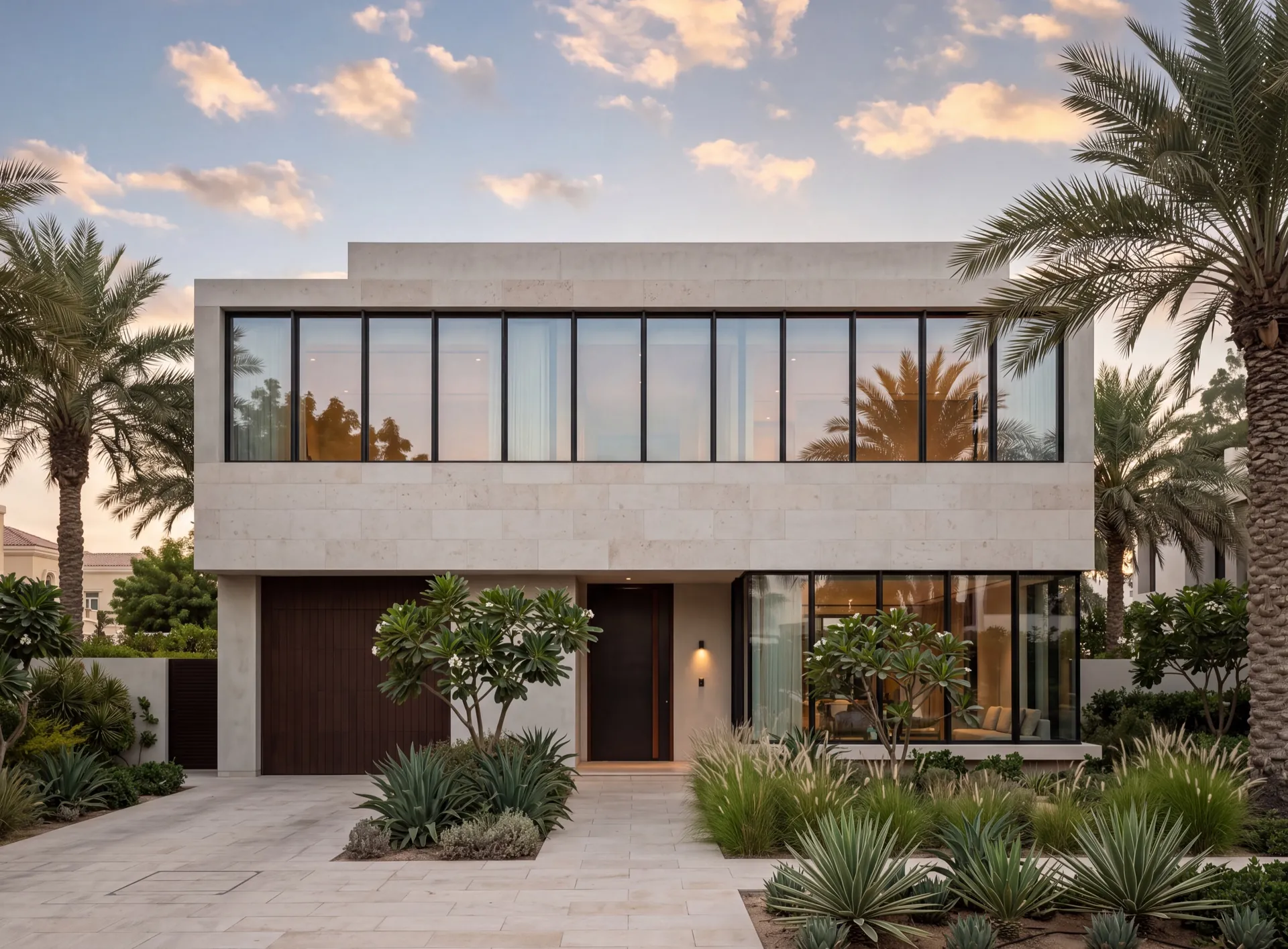 Modern Dubai villa with a long continuous ribbon window band running across the stone facade