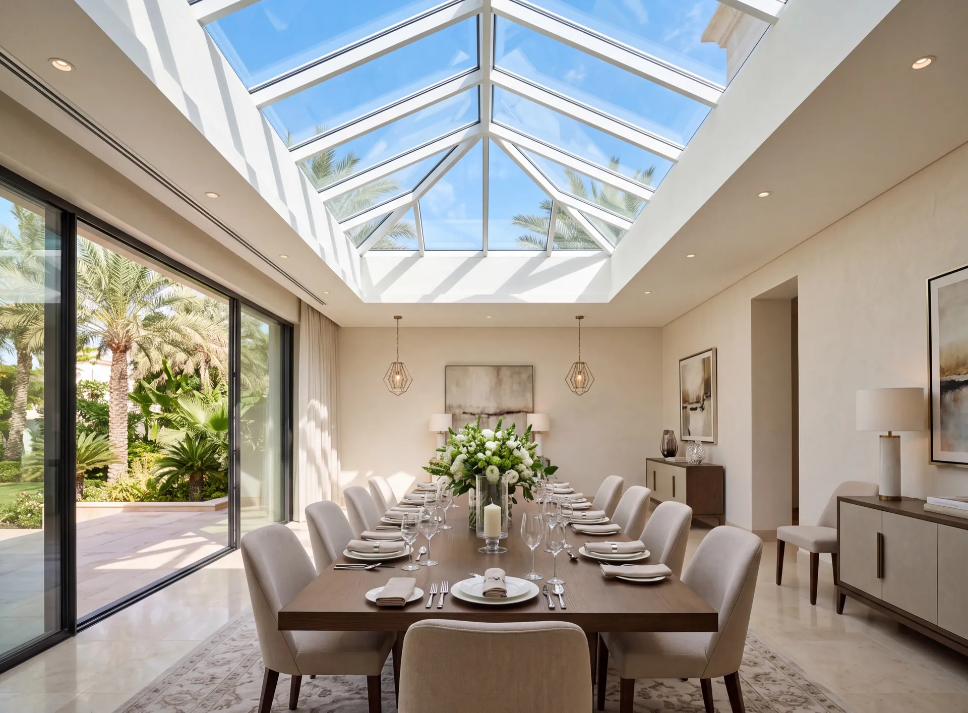 Pitched aluminium roof lantern with a ridge above a bright dining room in a UAE villa