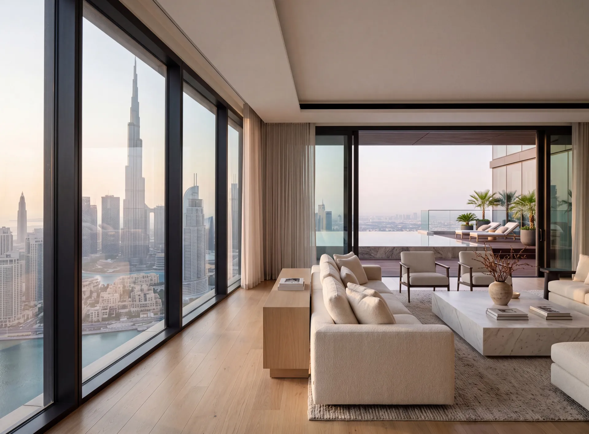 Penthouse living space at the top of a Dubai tower with full-height glazing and a terrace above the skyline