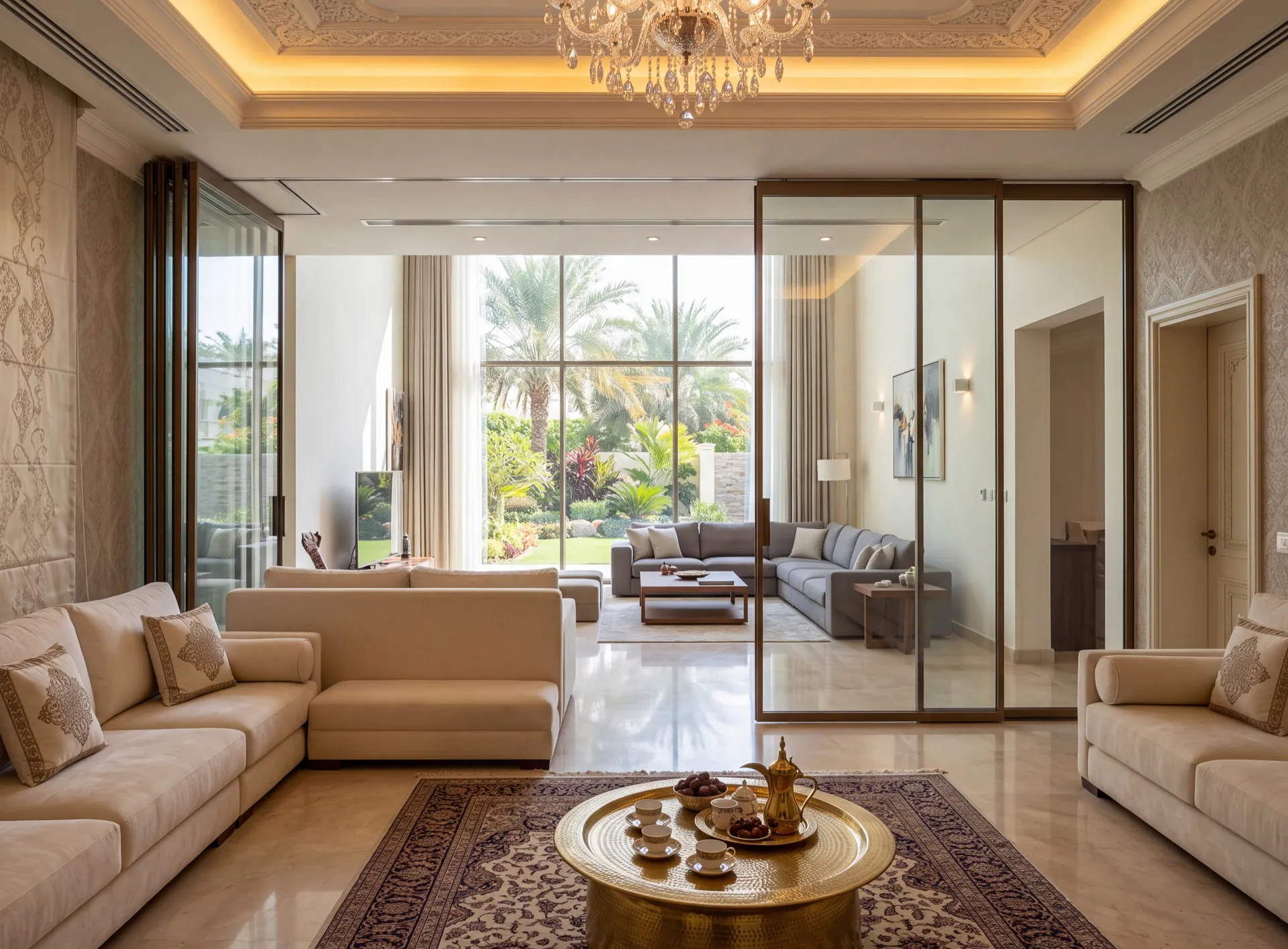 Top-hung sliding glass partition in a Dubai villa dividing a majlis from the living room, panels parked at one end