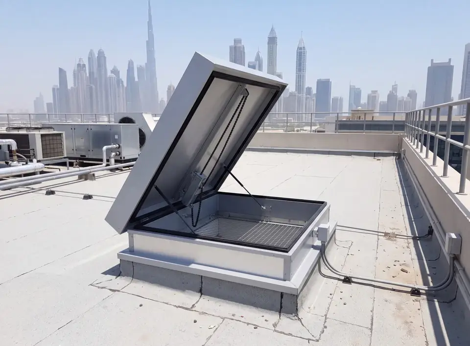 UAE की कमर्शियल बिल्डिंग की छत पर खुला मोटराइज़्ड एल्युमिनियम स्मोक वेंट