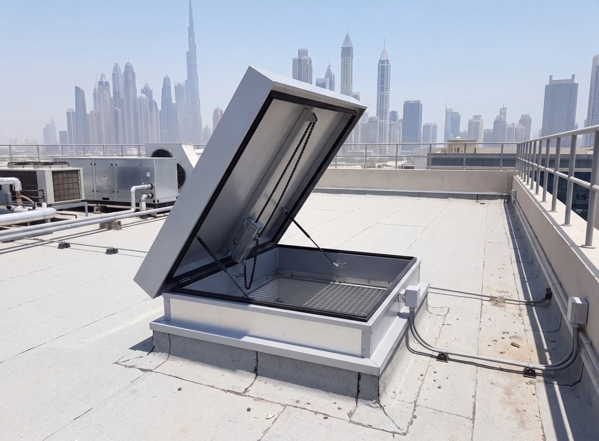 Motorised aluminium smoke vent open on the roof of a UAE commercial building