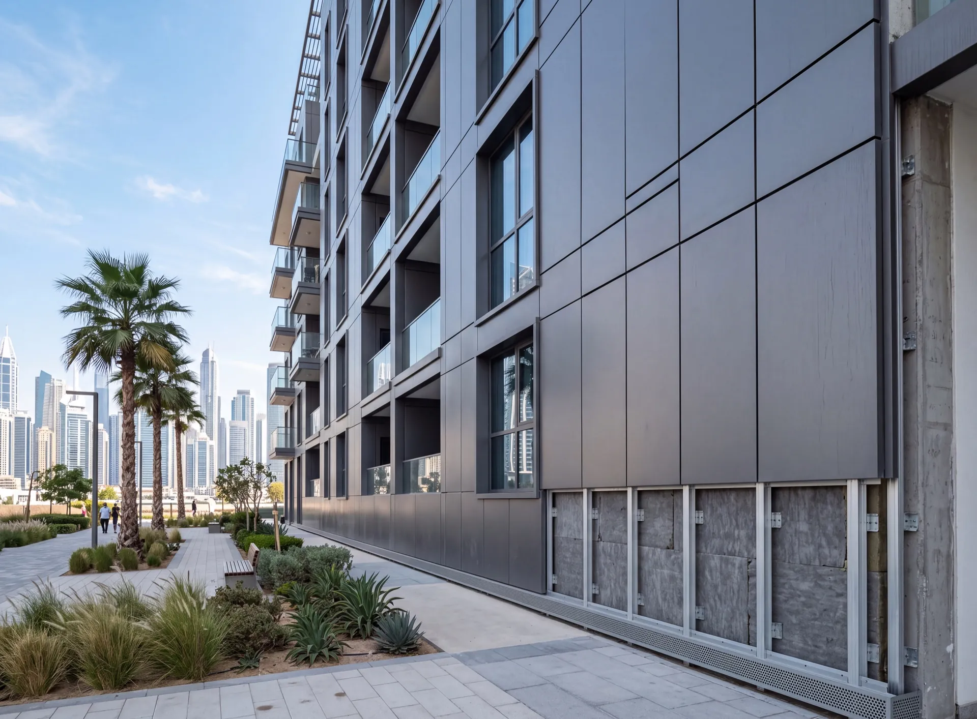 Aluminium rainscreen cladding on a Dubai residential building with open shadow joints and a ventilated cavity