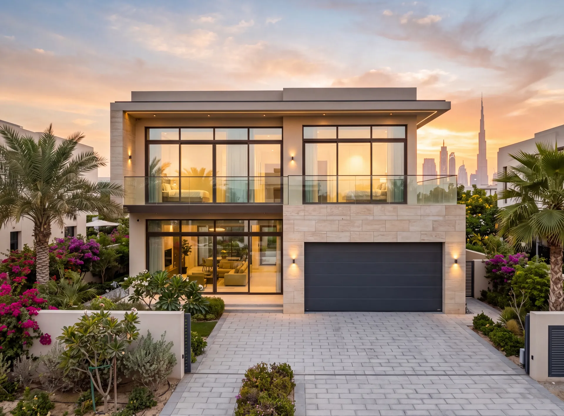 Dubai villa with dark aluminium windows and panoramic glazing