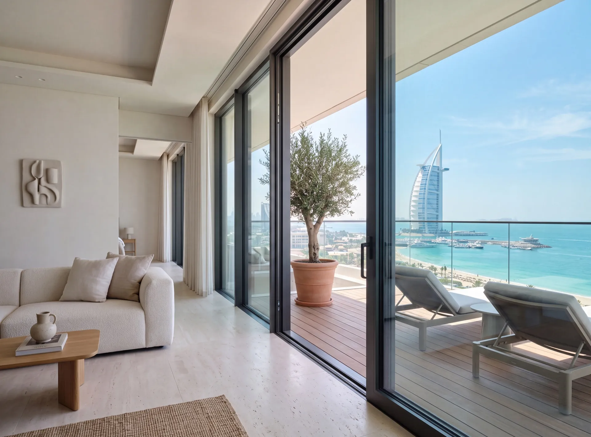Sliding panoramic glazing opening onto a terrace with a view of Burj Al Arab