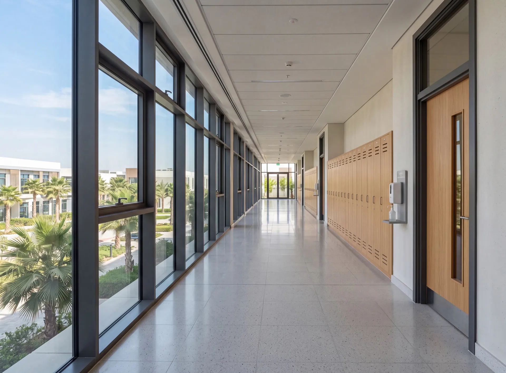 Corridor of a modern Dubai school glazed with large aluminium-framed windows and laminated safety glass, lockers and doors along one side