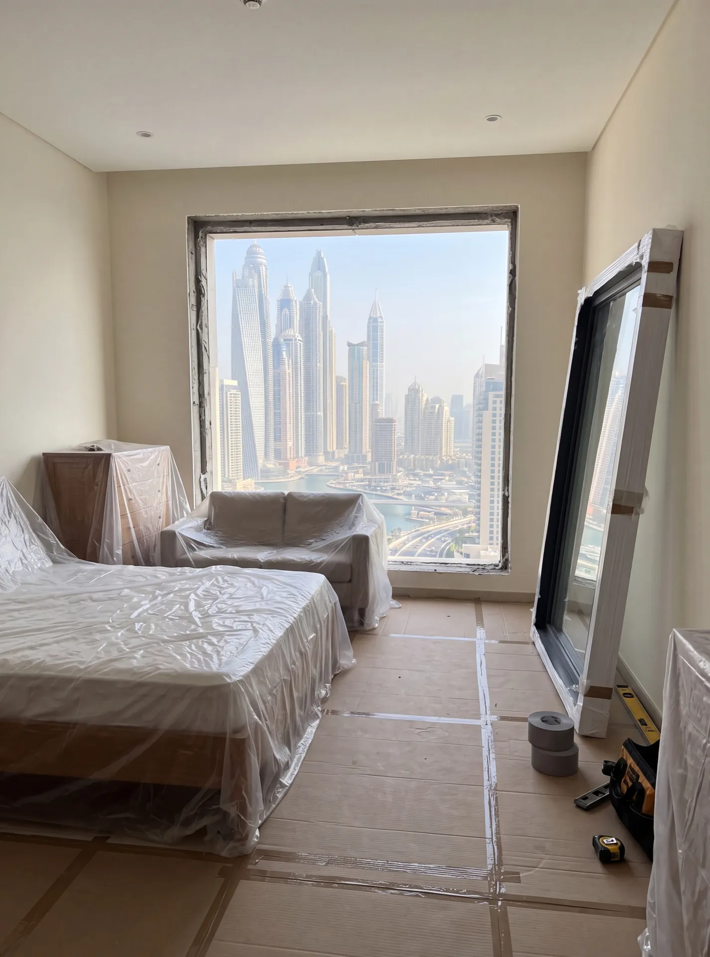 Dubai apartment room with furniture under dust sheets and the window opening ready for a new unit