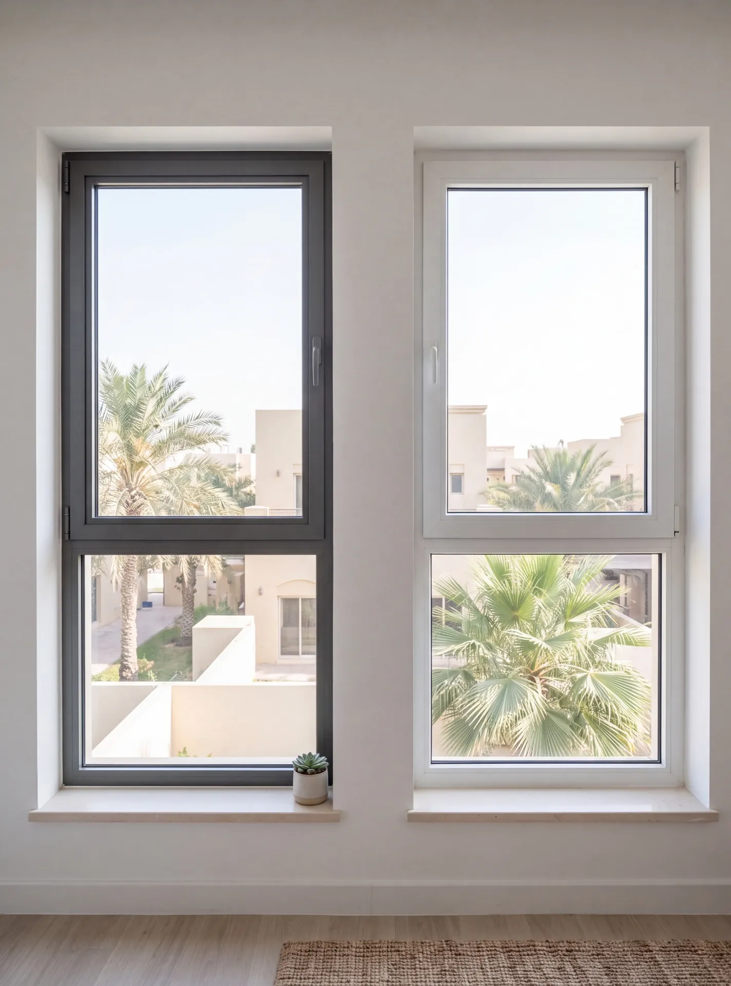 Aluminium and uPVC window frames side by side in a Dubai apartment