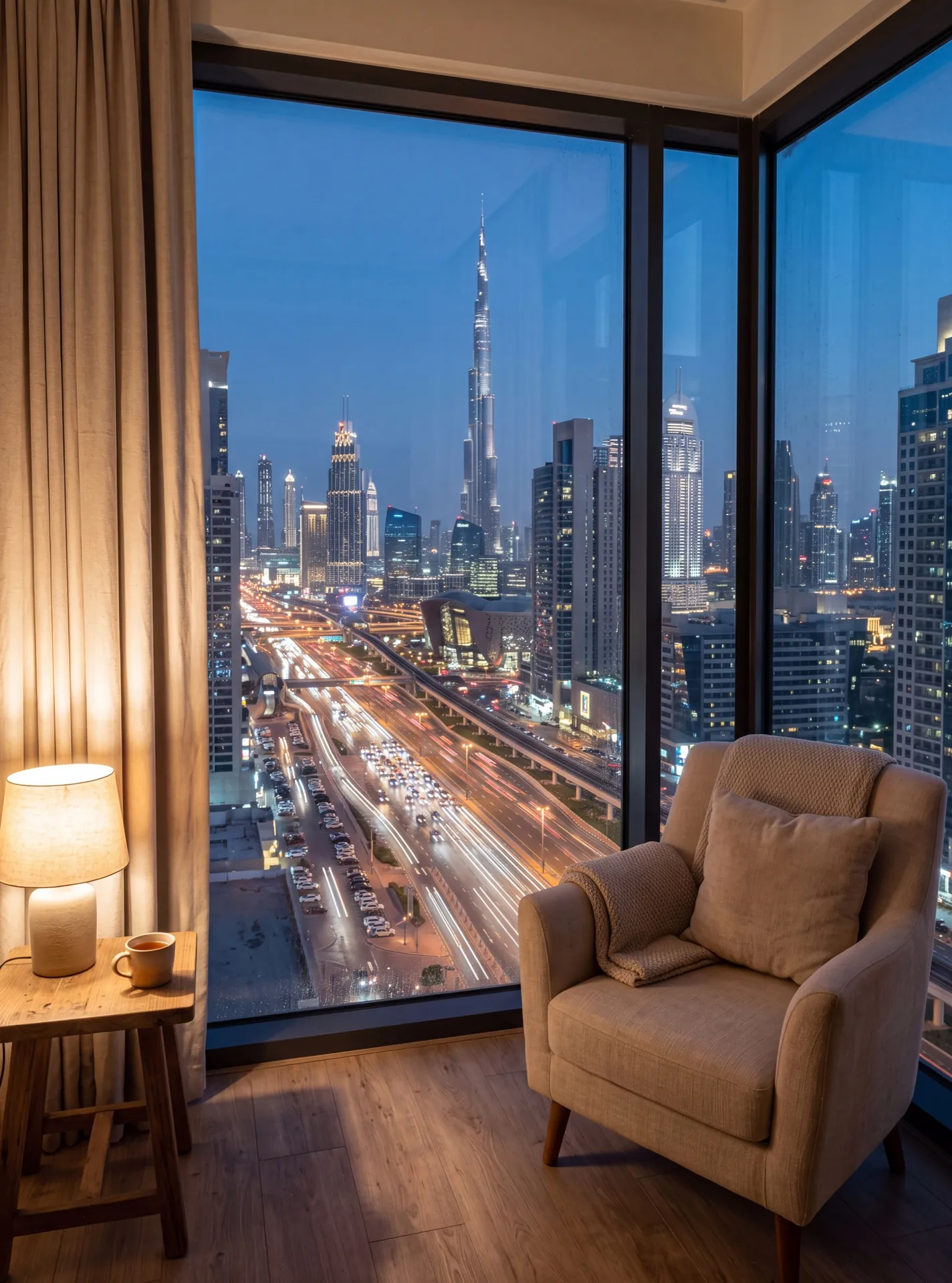 Apartment window above a busy Dubai highway at dusk