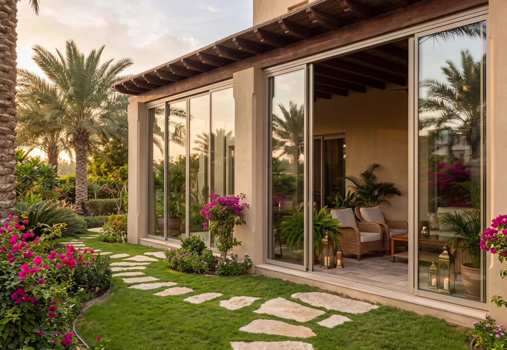 Veranda of a UAE villa enclosed with slim sliding glass panels