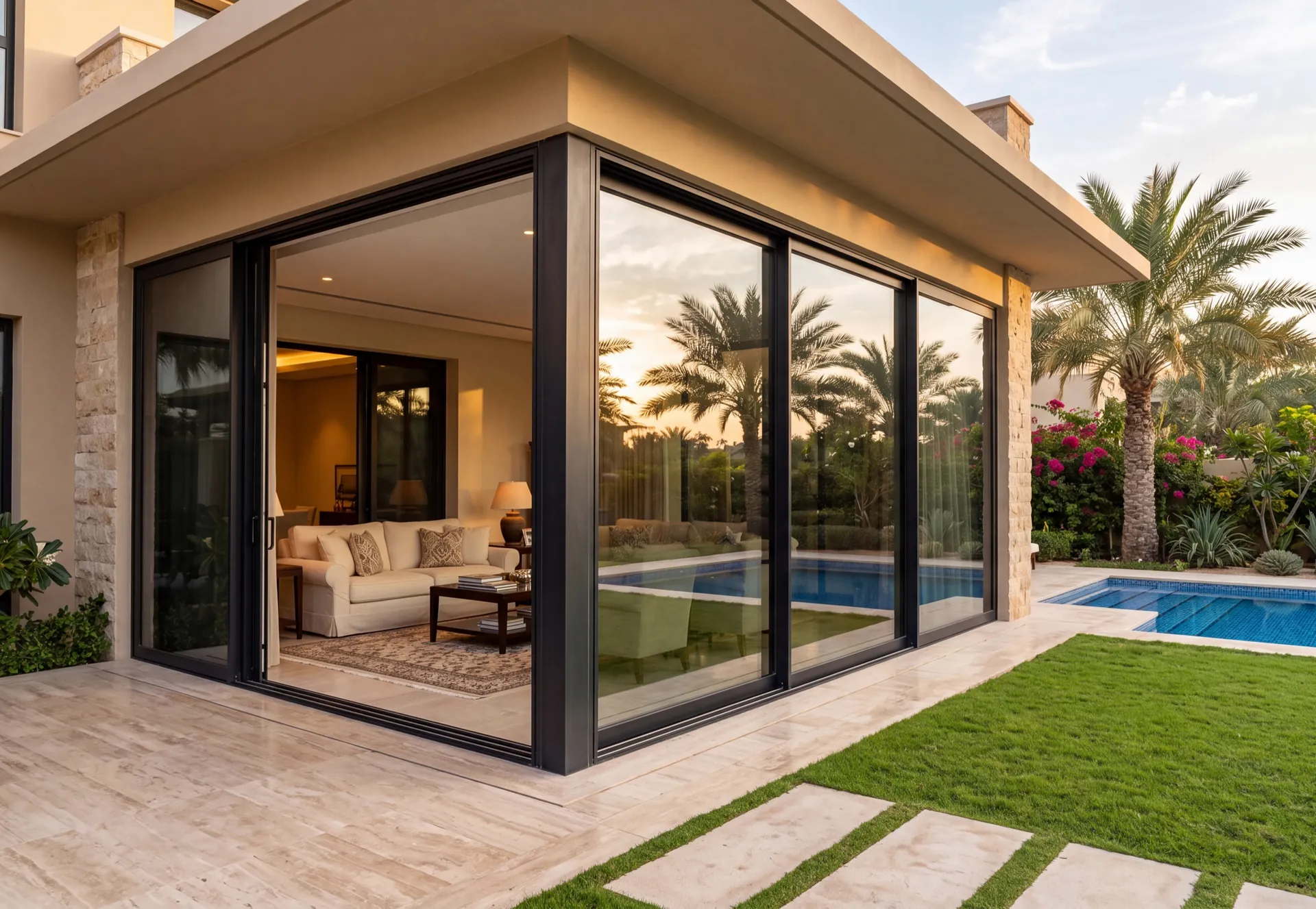 Terrace of a Dubai villa closed with aluminium glazing