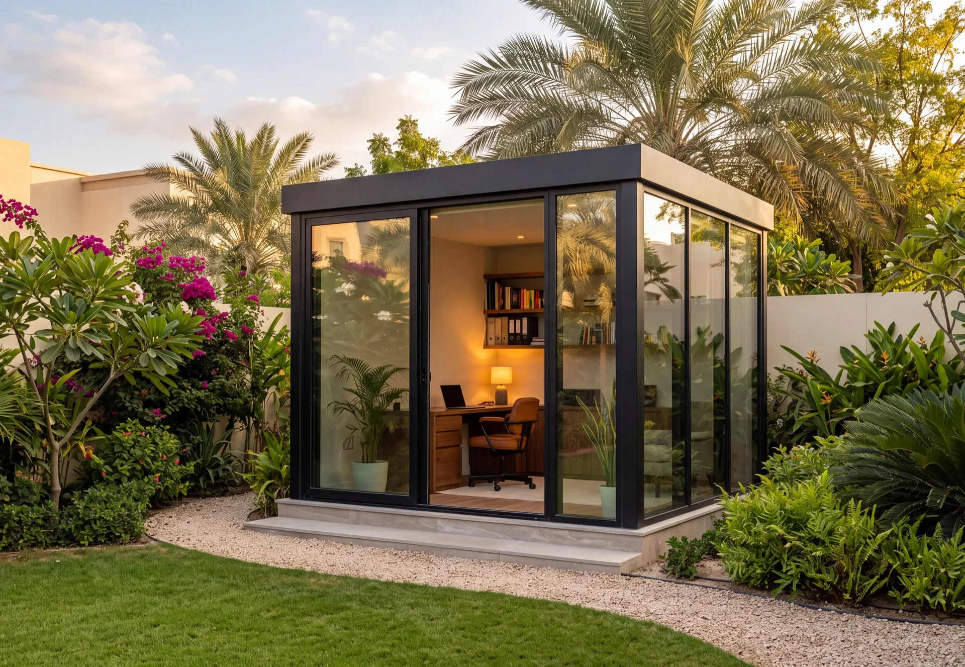 Garden room glazed in aluminium at the end of a villa plot